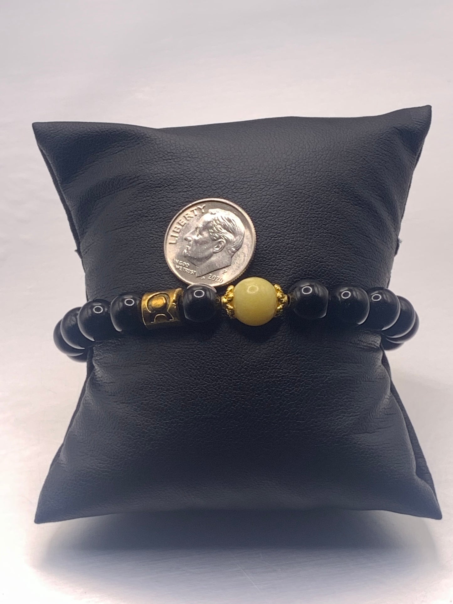 Taurus Zodiac black obsidian with yellow jade semi precious stone/crystal elastic beaded bracelet with gold accents