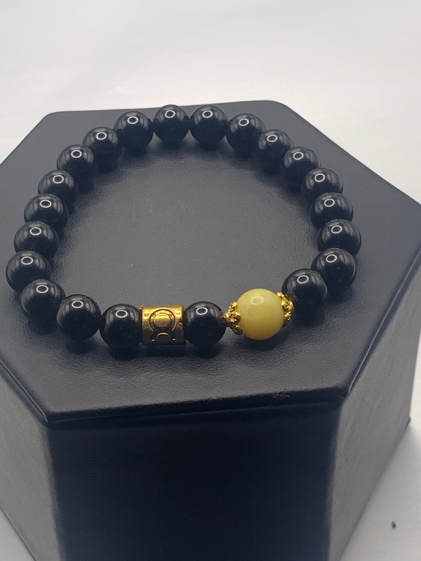 Taurus Zodiac black obsidian with yellow jade semi precious stone/crystal elastic beaded bracelet with gold accents