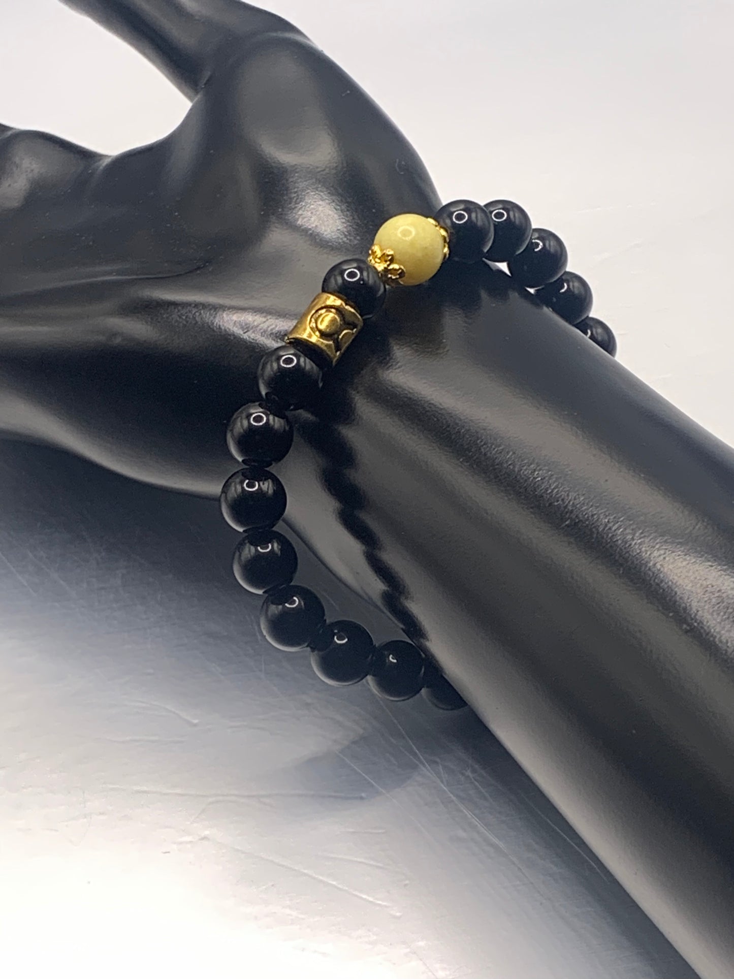 Taurus Zodiac black obsidian with yellow jade semi precious stone/crystal elastic beaded bracelet with gold accents