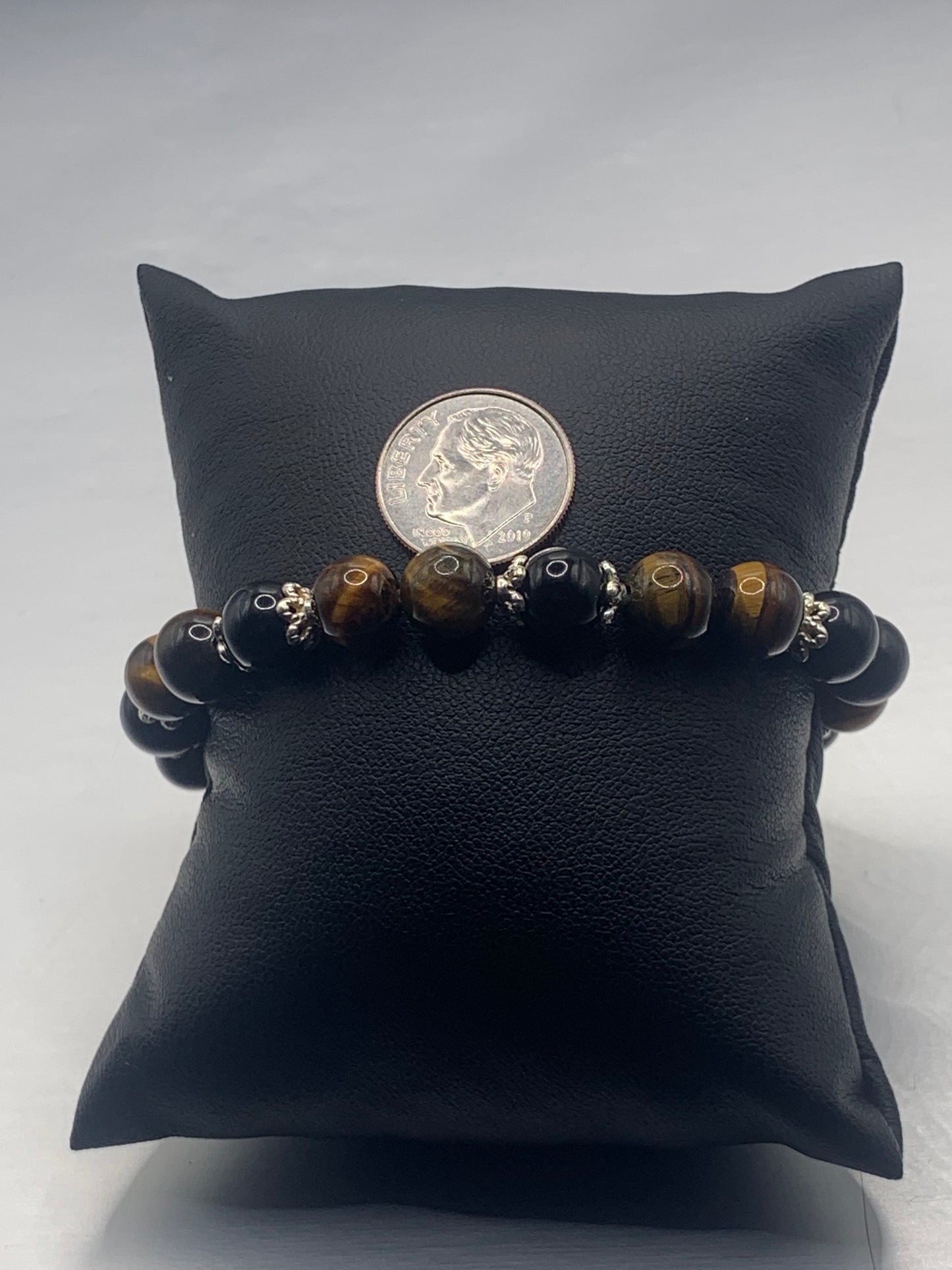 Black obsidian with tigers eye semi precious stone/crystal beaded elastic bracelet with silver plated flower bead caps