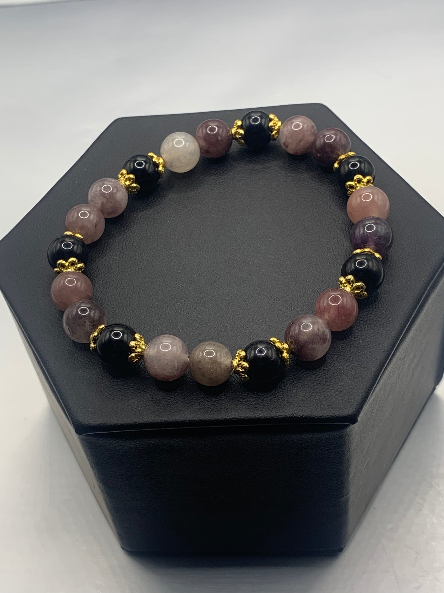 Black obsidian with violet quartz semi precious stone/crystal beaded elastic bracelet with gold plated flower bead caps