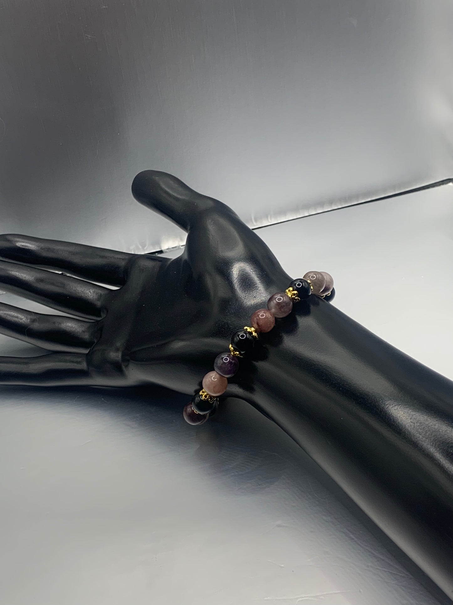 Black obsidian with violet quartz semi precious stone/crystal beaded elastic bracelet with gold plated flower bead caps