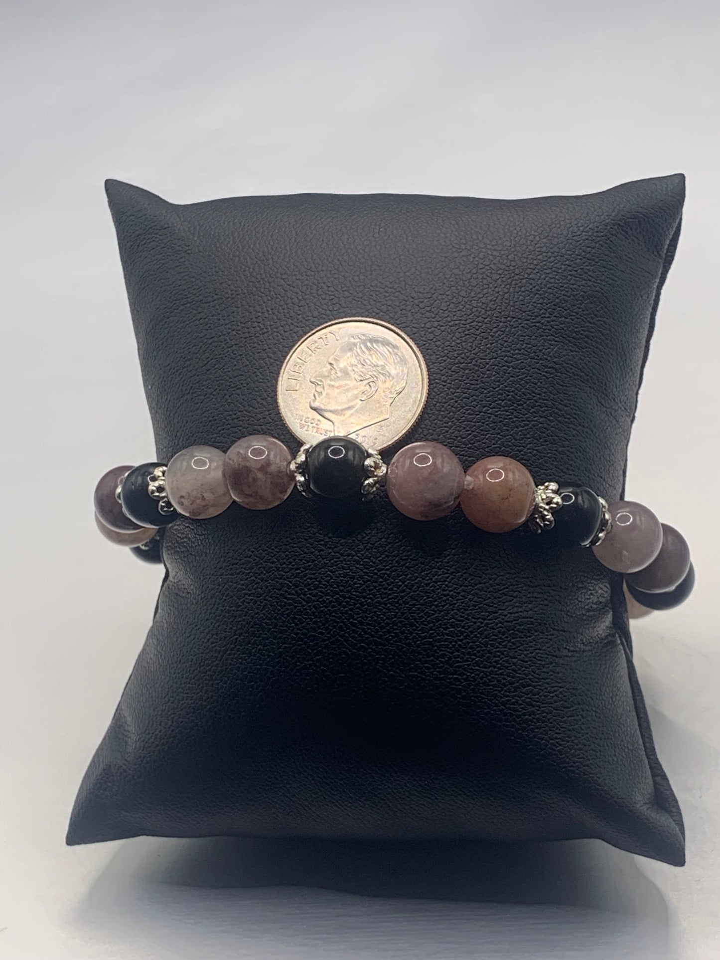 Black obsidian with violet quartz semi precious stone/crystal beaded elastic bracelet with silver plated flower bead caps