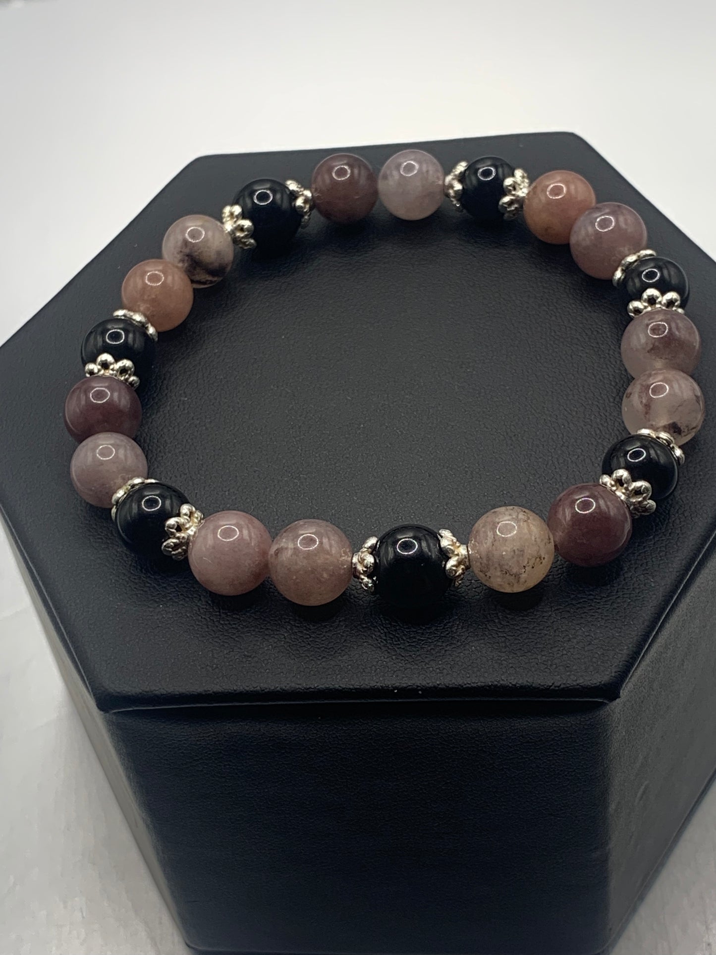 Black obsidian with violet quartz semi precious stone/crystal beaded elastic bracelet with silver plated flower bead caps