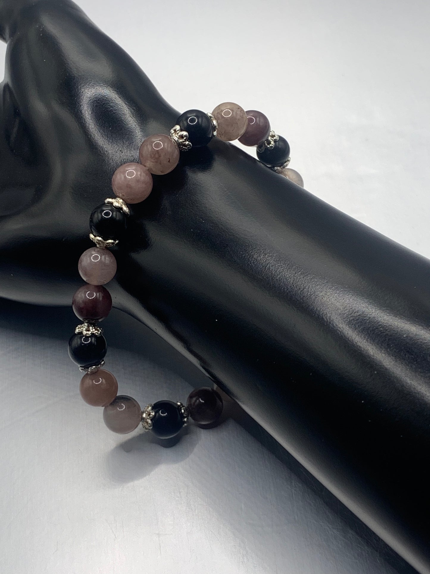 Black obsidian with violet quartz semi precious stone/crystal beaded elastic bracelet with silver plated flower bead caps