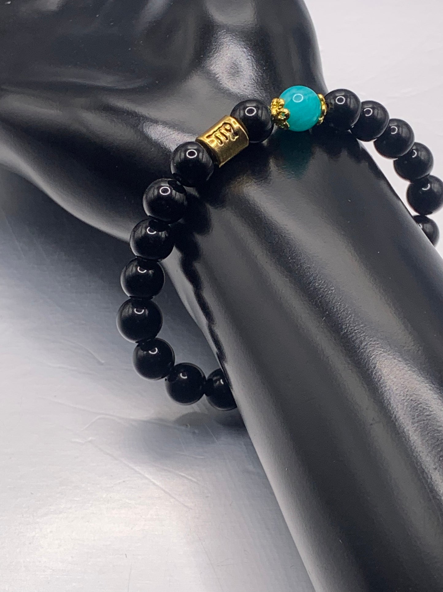 Virgo Zodiac black obsidian with aquamarine chalcedony semi precious stone/crystal elastic beaded bracelet with gold accents