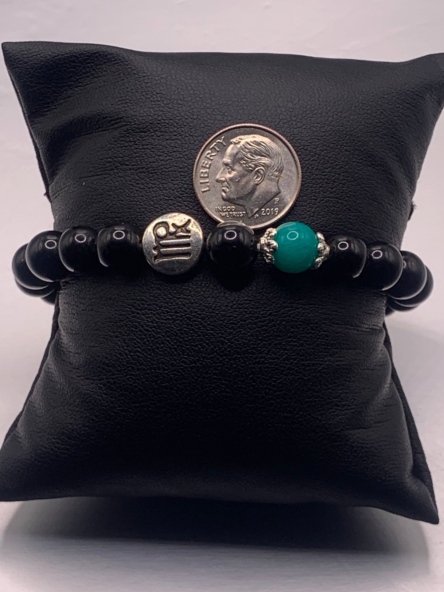 Virgo Zodiac black obsidian with aquamarine chalcedony semi precious stone/crystal elastic beaded bracelet with silver accents
