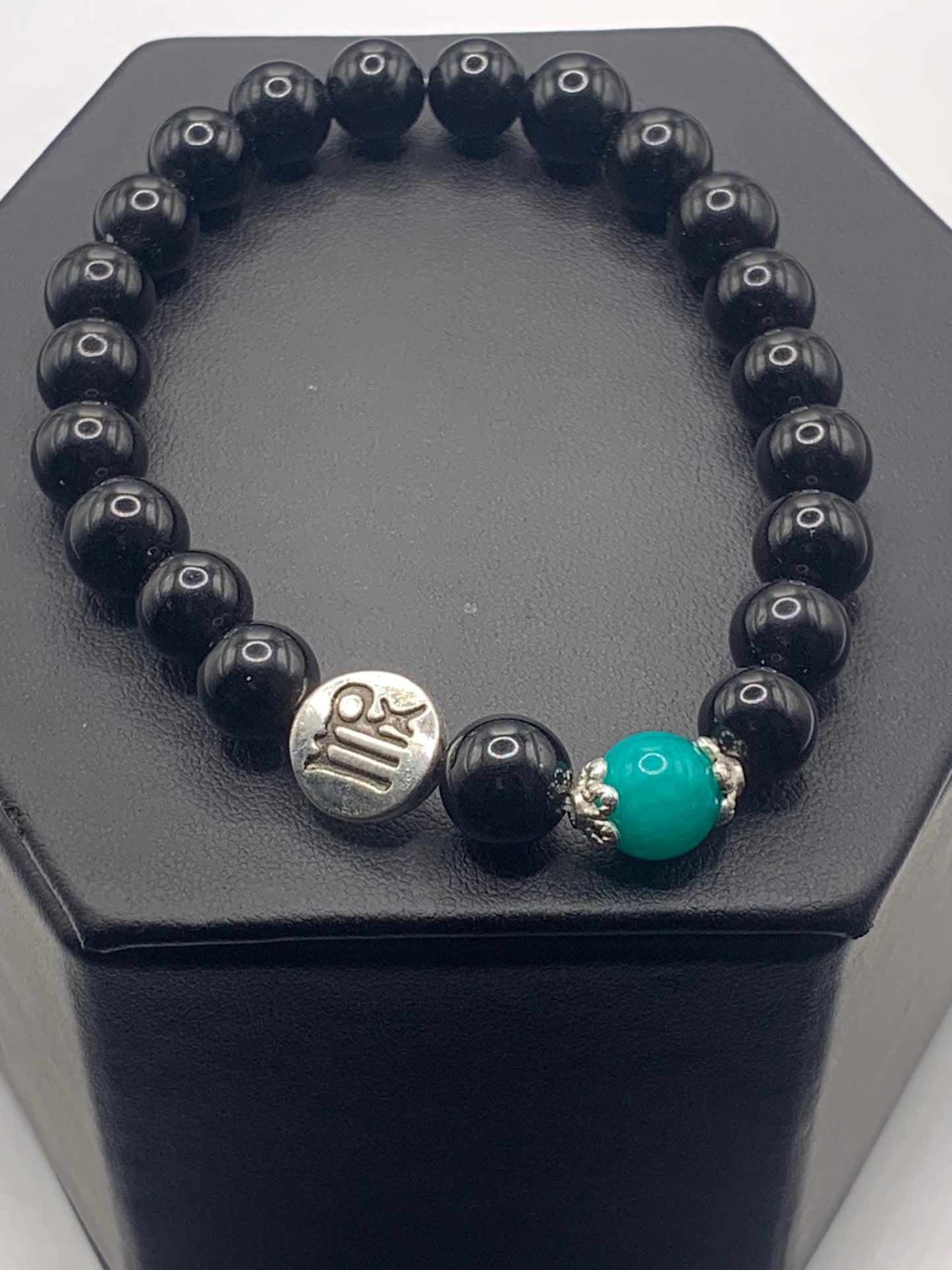 Virgo Zodiac black obsidian with aquamarine chalcedony semi precious stone/crystal elastic beaded bracelet with silver accents