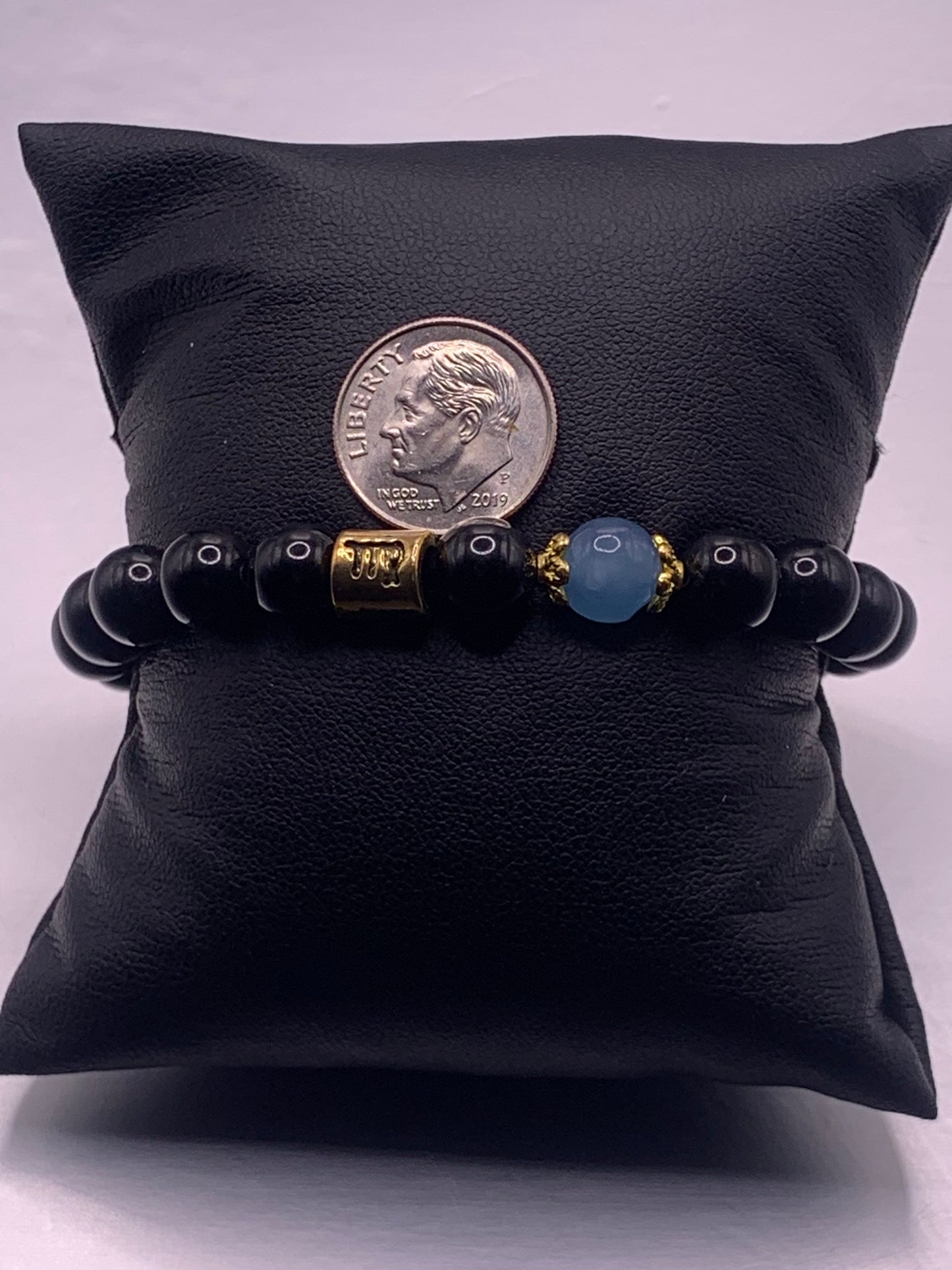 Virgo Zodiac black obsidian with blue agate semi precious stone/crystal elastic beaded bracelet with gold accents