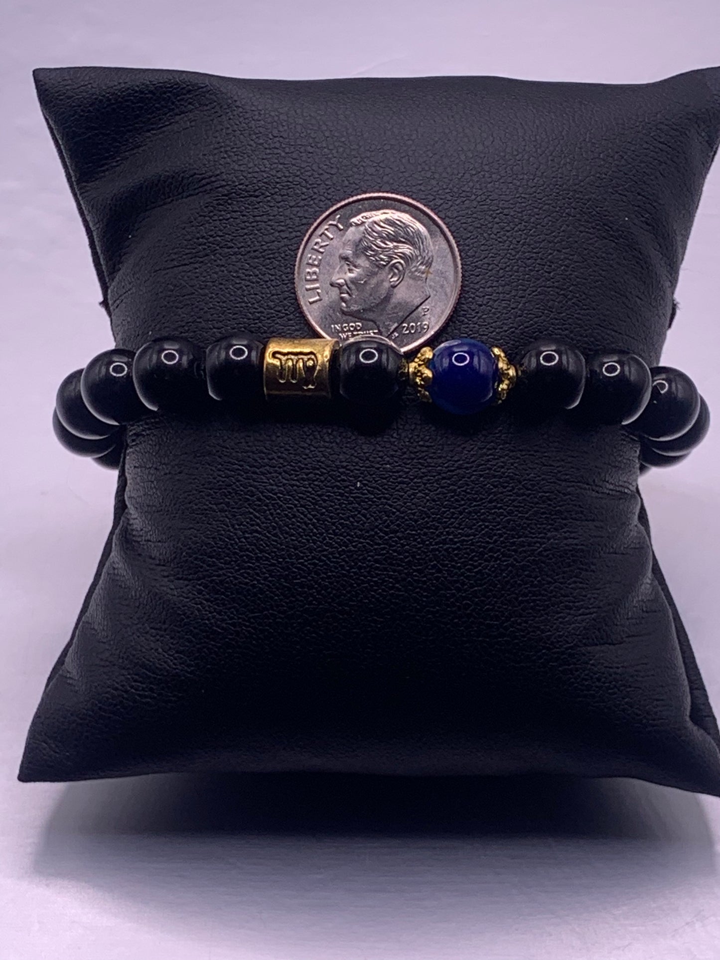 Virgo Zodiac black obsidian with blue lace agate semi precious stone/crystal elastic beaded bracelet with gold accents
