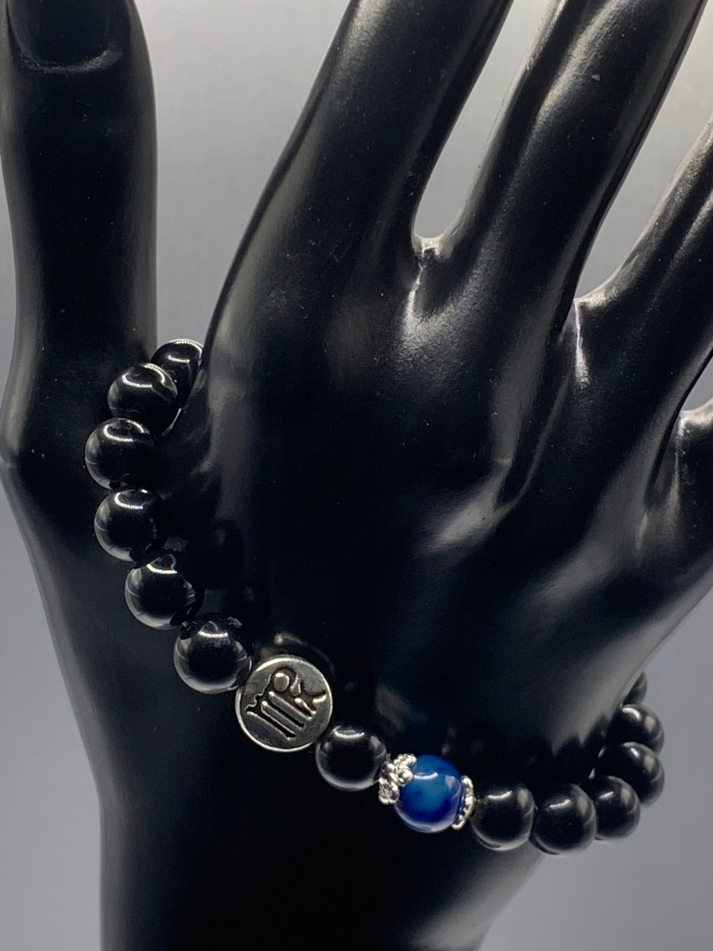 Virgo Zodiac black obsidian with blue lace agate semi precious stone/crystal elastic beaded bracelet with silver accents