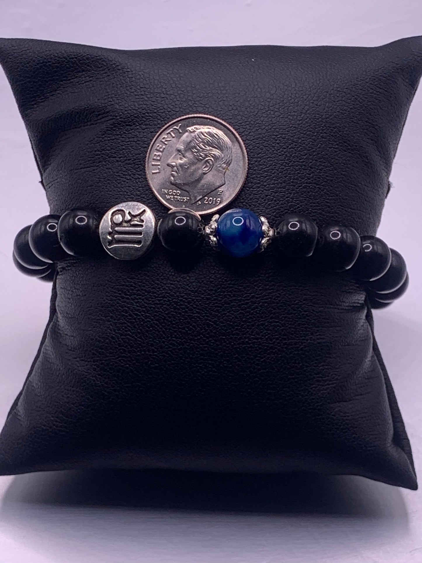 Virgo Zodiac black obsidian with blue lace agate semi precious stone/crystal elastic beaded bracelet with silver accents