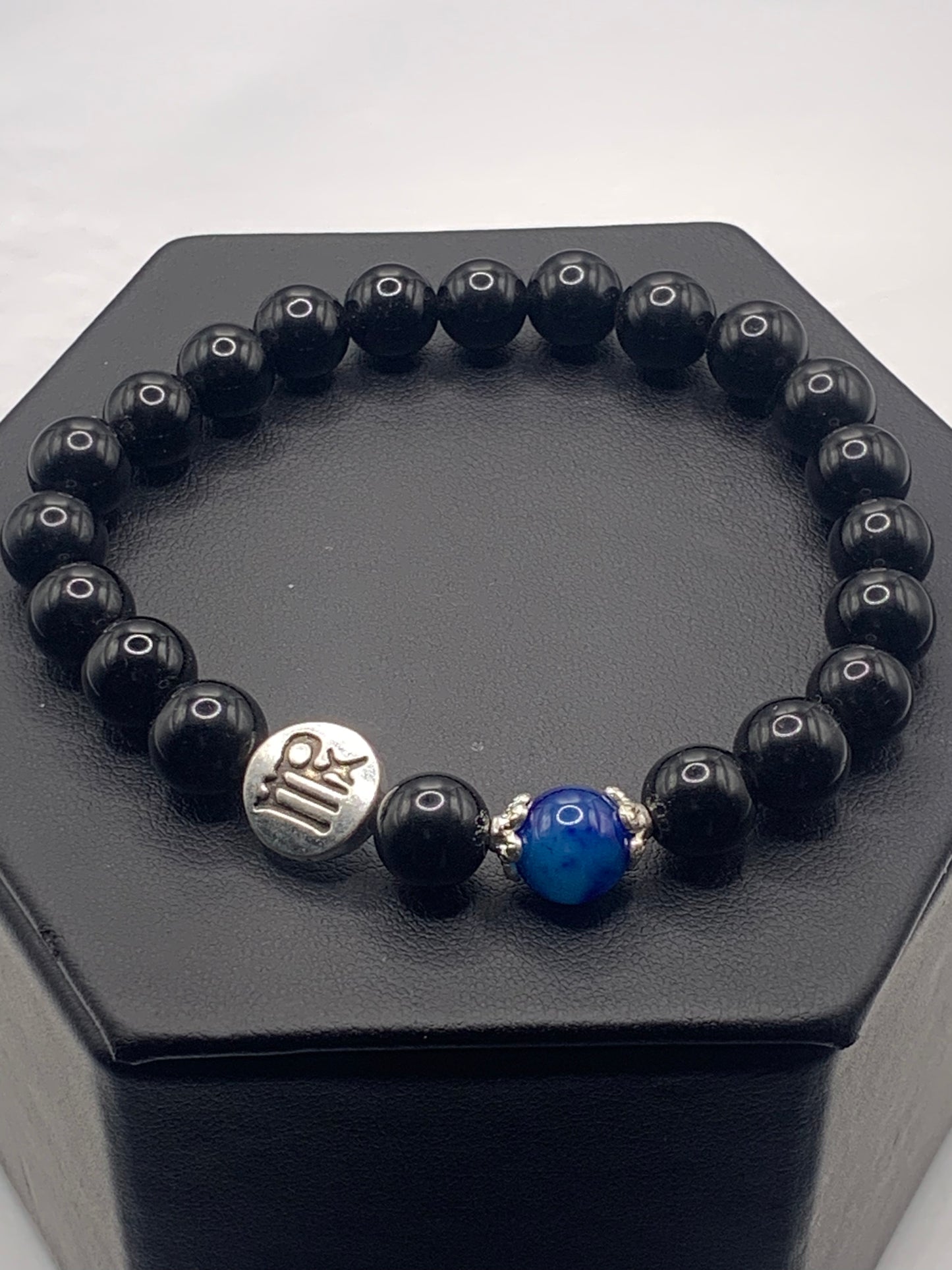 Virgo Zodiac black obsidian with blue lace agate semi precious stone/crystal elastic beaded bracelet with silver accents