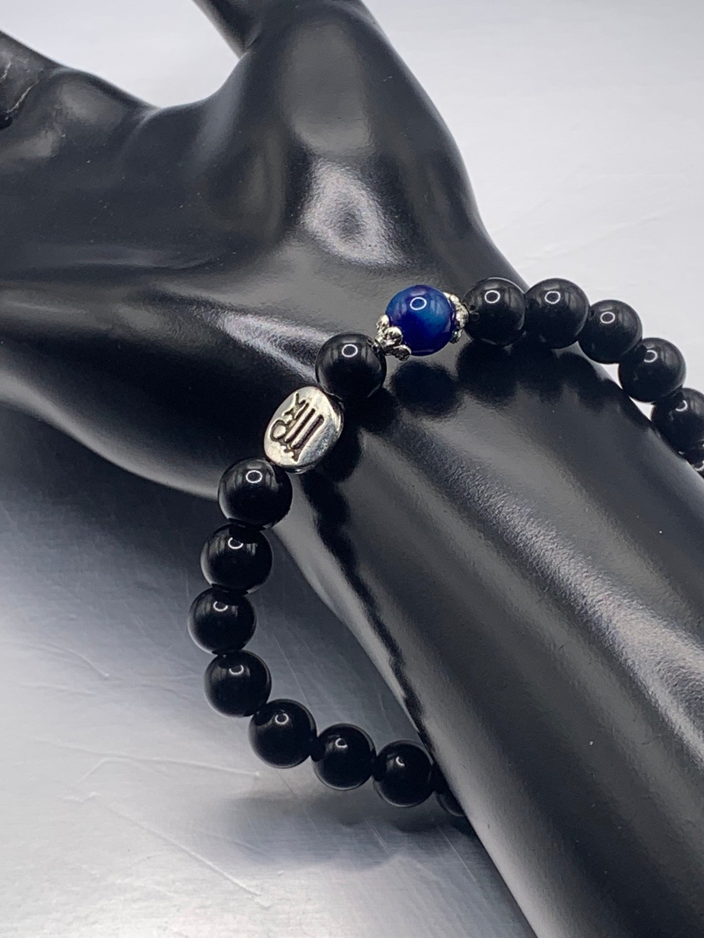 Virgo Zodiac black obsidian with blue lace agate semi precious stone/crystal elastic beaded bracelet with silver accents