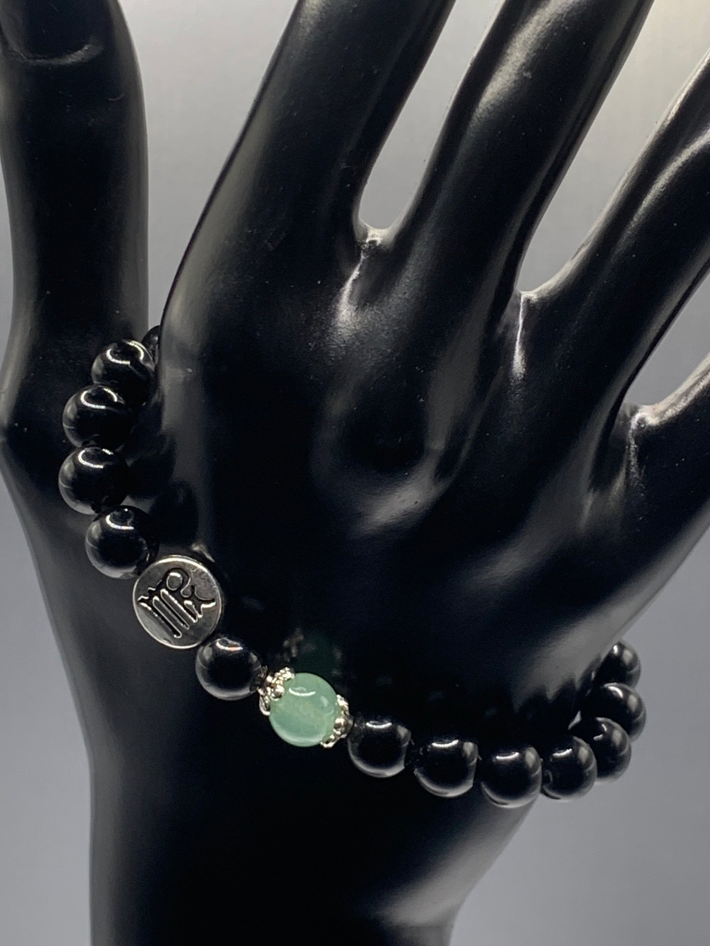 Virgo Zodiac black obsidian with green aventurine semi precious stone/crystal elastic beaded bracelet with silver accents