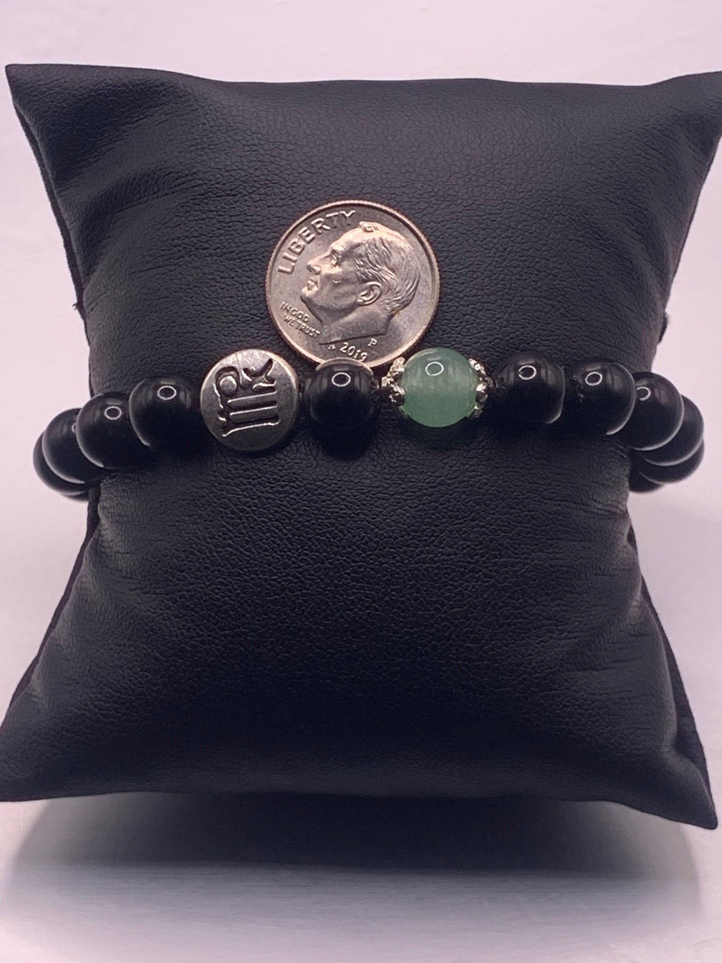 Virgo Zodiac black obsidian with green aventurine semi precious stone/crystal elastic beaded bracelet with silver accents