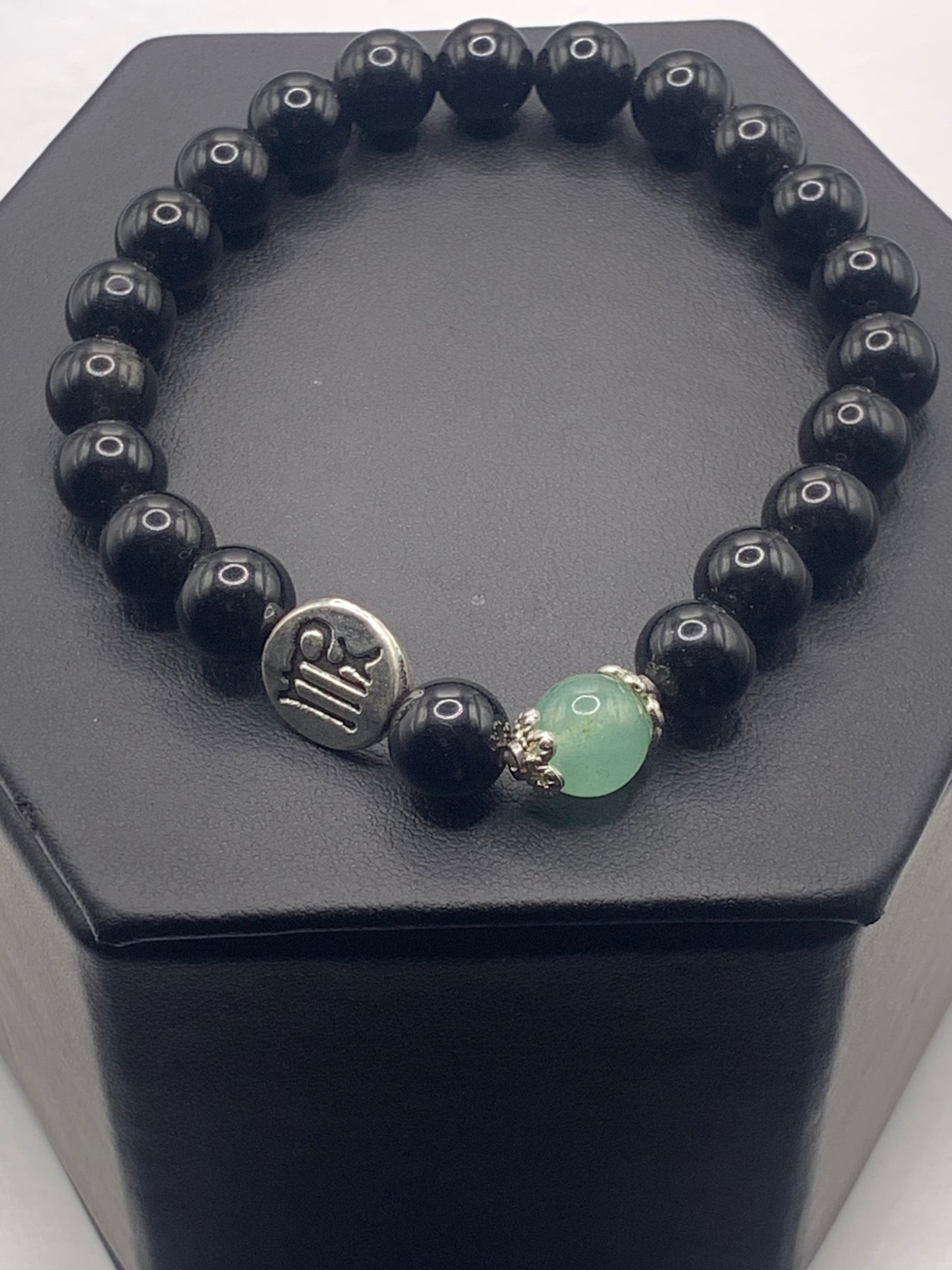 Virgo Zodiac black obsidian with green aventurine semi precious stone/crystal elastic beaded bracelet with silver accents