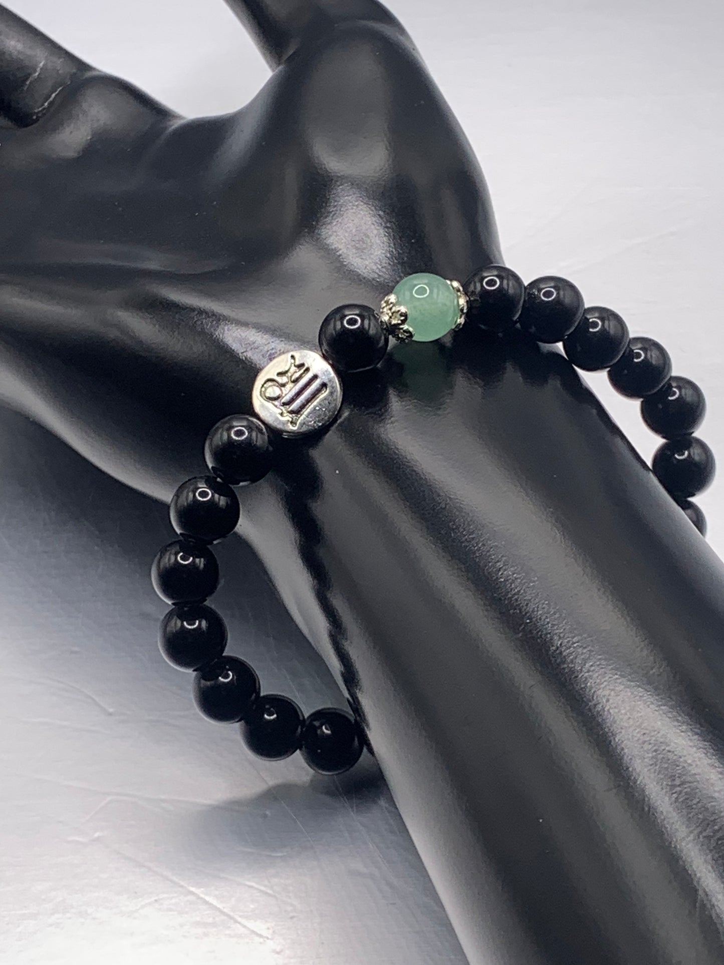 Virgo Zodiac black obsidian with green aventurine semi precious stone/crystal elastic beaded bracelet with silver accents
