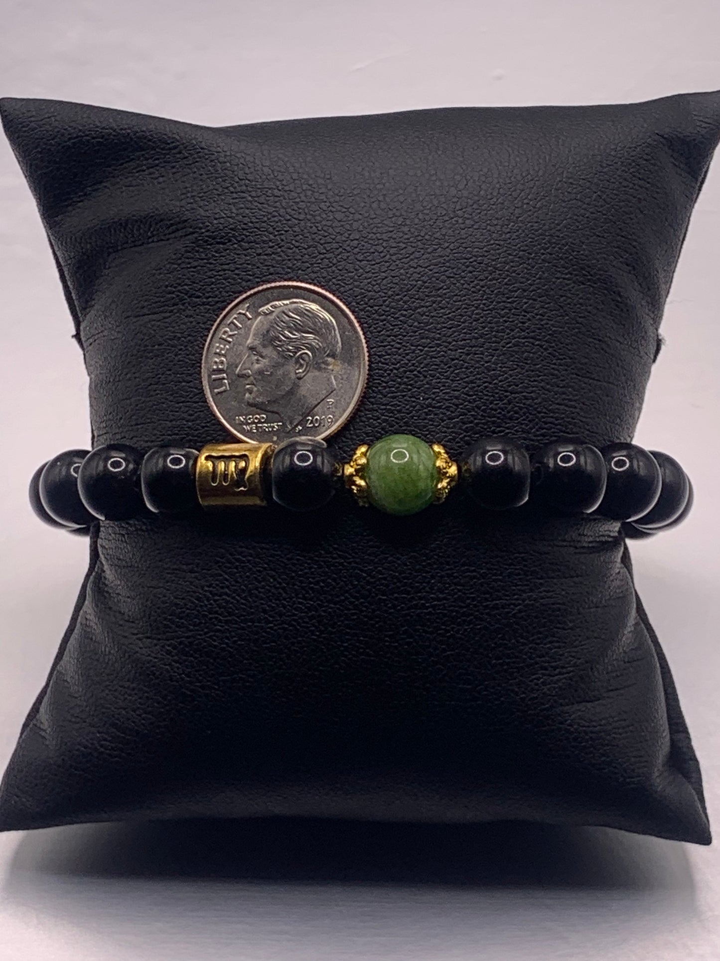 Virgo Zodiac black obsidian with green tourmaline semi precious stone/crystal elastic beaded bracelet with gold accents