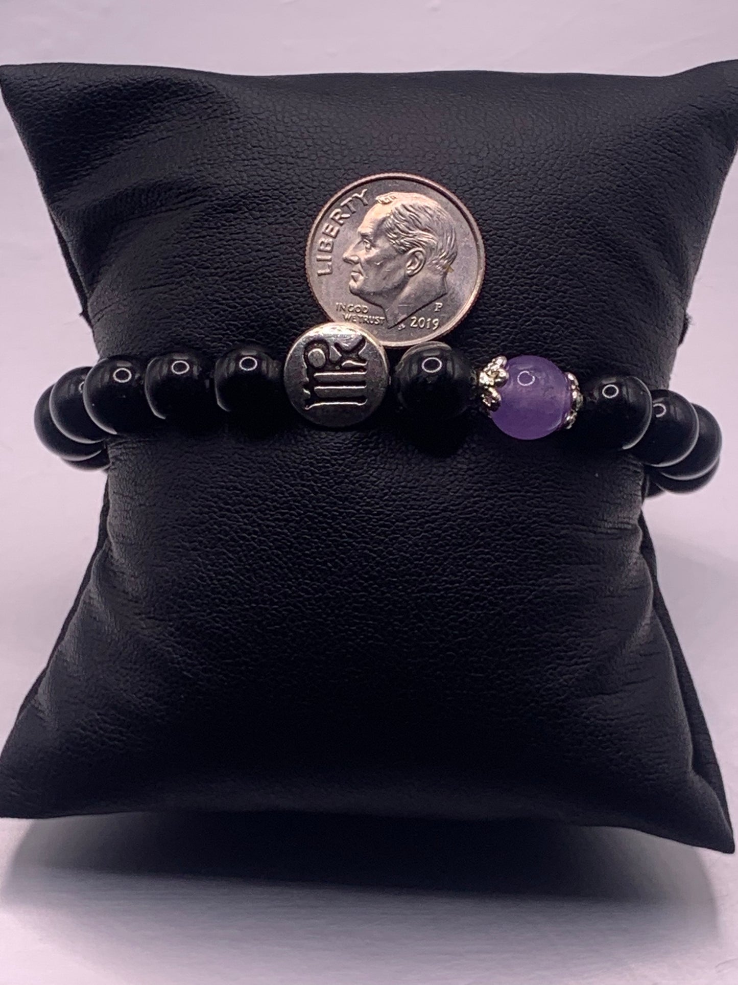 Virgo Zodiac black obsidian with lavender agate semi precious stone/crystal elastic beaded bracelet with silver accents