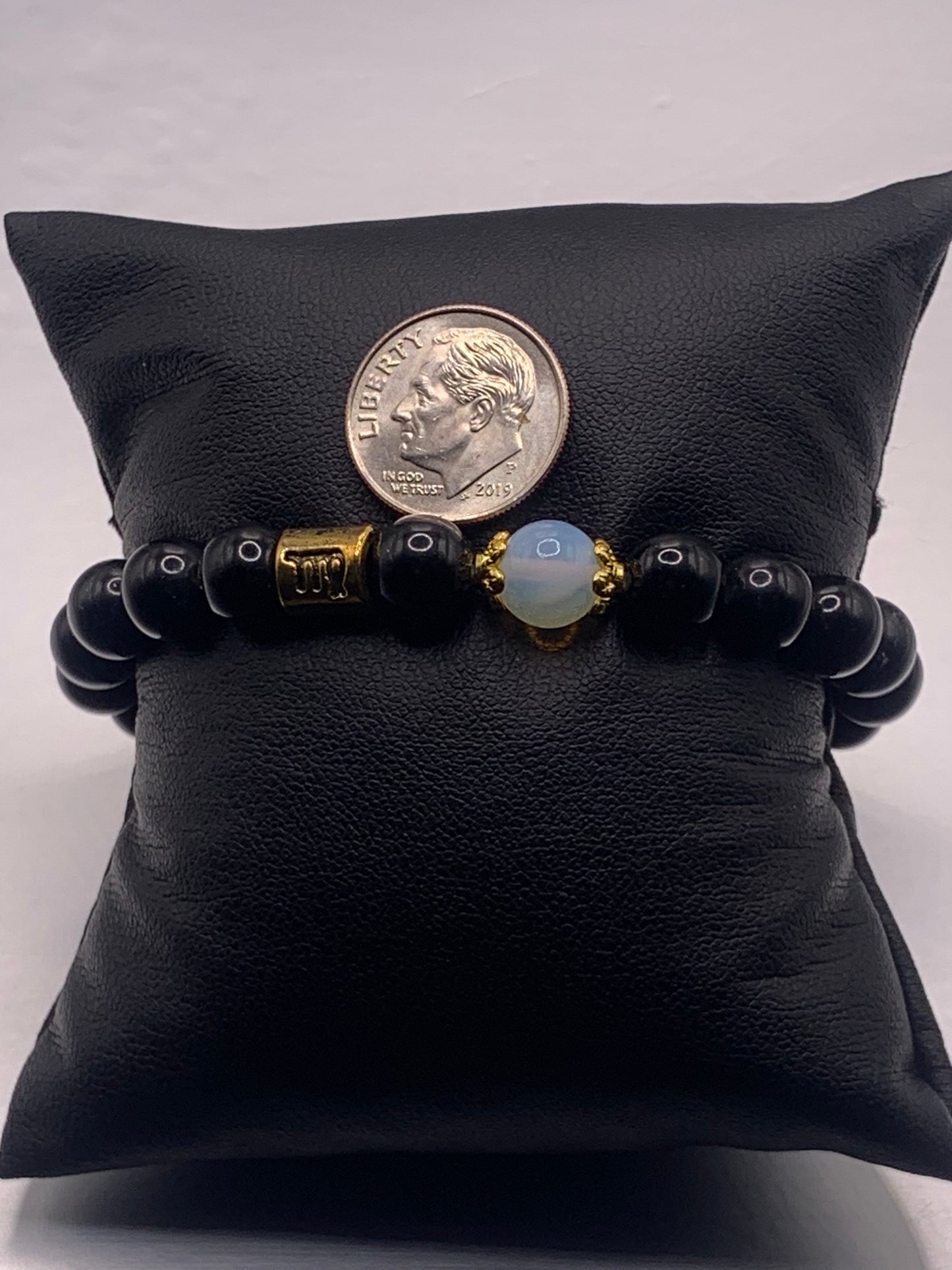 Virgo Zodiac black obsidian with opalite semi precious stone/crystal elastic beaded bracelet with gold accents