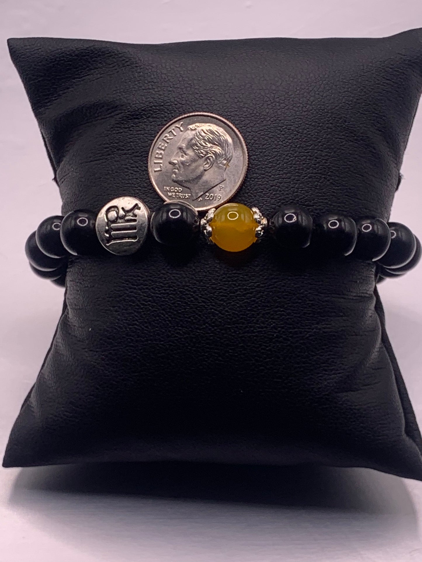 Virgo Zodiac black obsidian with orange agate semi precious stone/crystal elastic beaded bracelet with silver accents