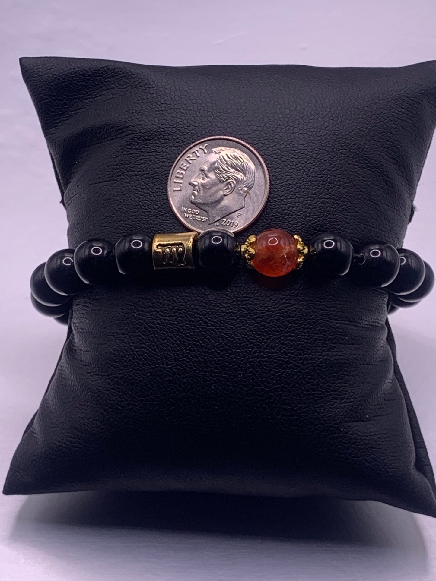Virgo Zodiac black obsidian with phoenix agate semi precious stone/crystal elastic beaded bracelet with gold accents