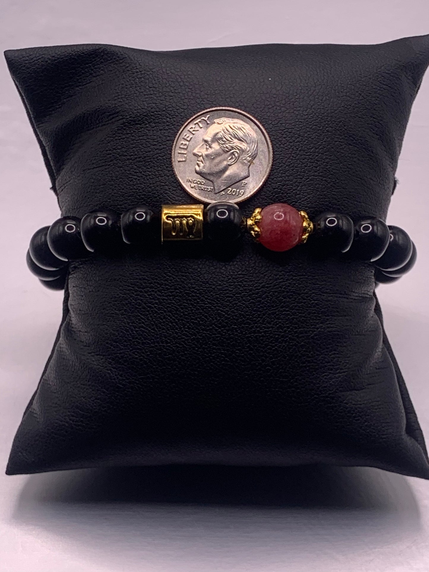 Virgo Zodiac black obsidian with pink chalcedony semi precious stone/crystal elastic beaded bracelet with gold accents