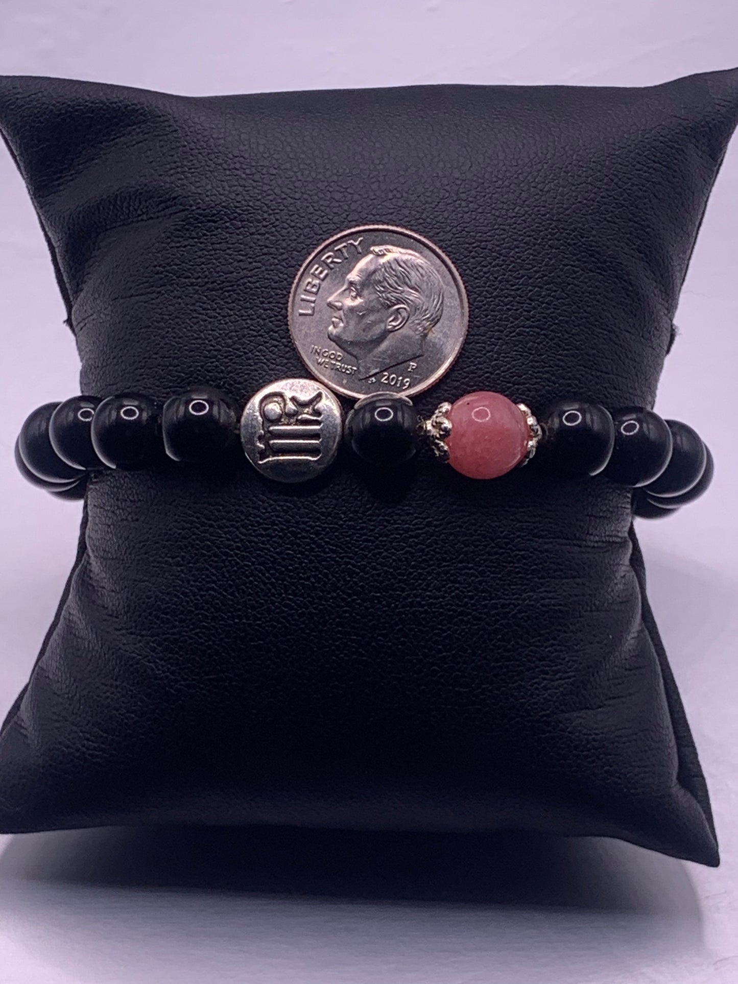 Virgo Zodiac black obsidian with pink chalcedony semi precious stone/crystal elastic beaded bracelet with silver accents