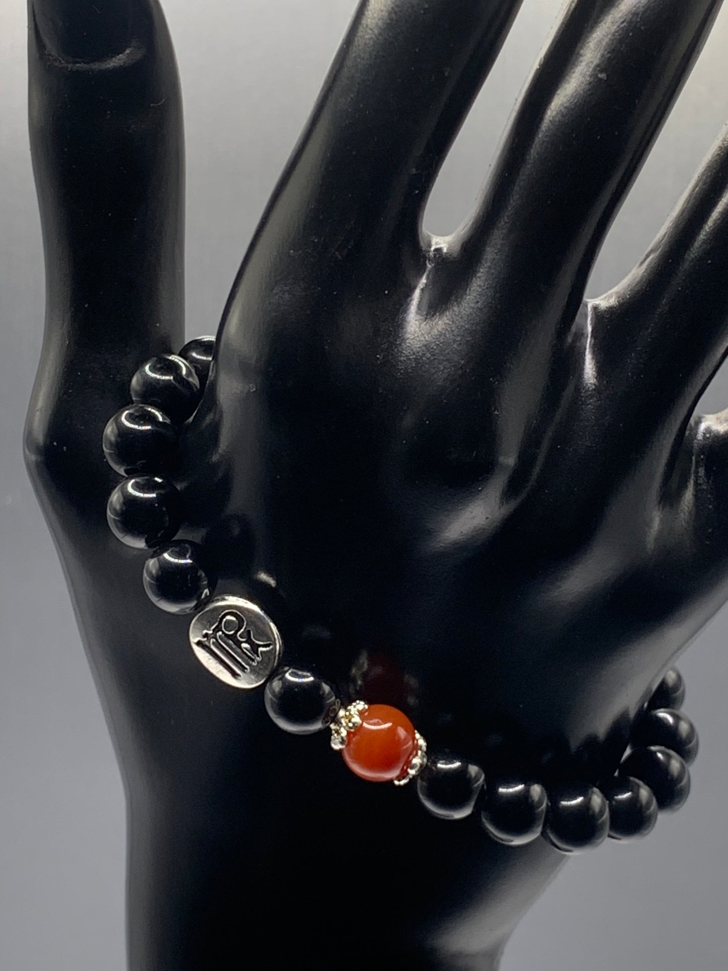 Virgo Zodiac black obsidian with red agate semi precious stone/crystal elastic beaded bracelet with silver accents