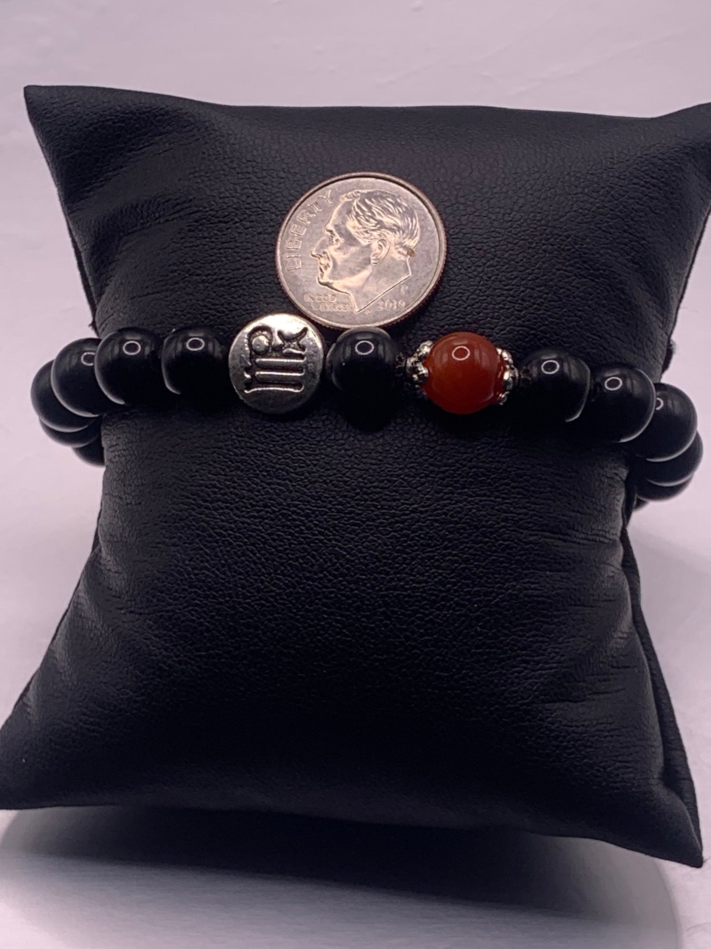 Virgo Zodiac black obsidian with red agate semi precious stone/crystal elastic beaded bracelet with silver accents
