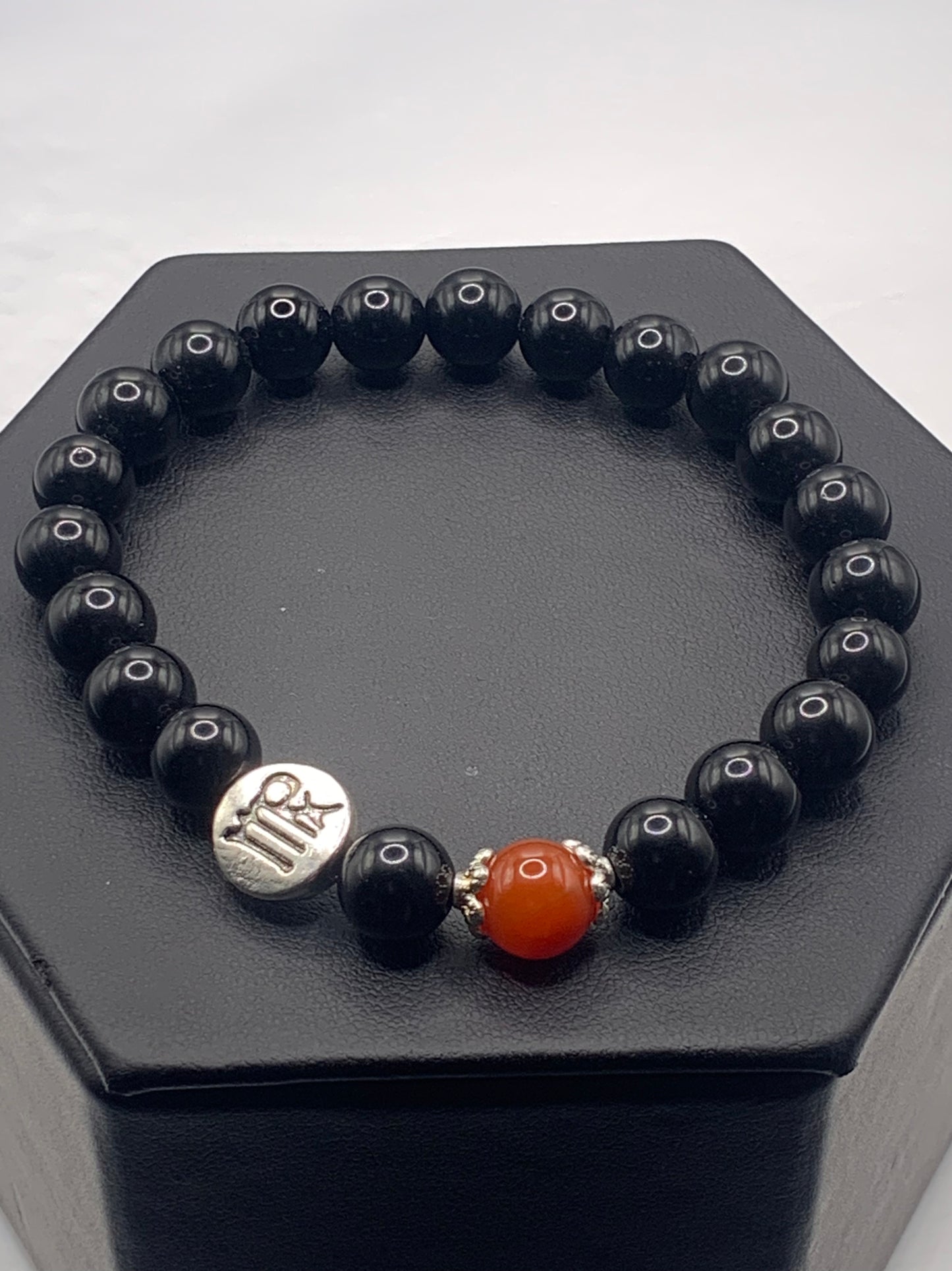 Virgo Zodiac black obsidian with red agate semi precious stone/crystal elastic beaded bracelet with silver accents