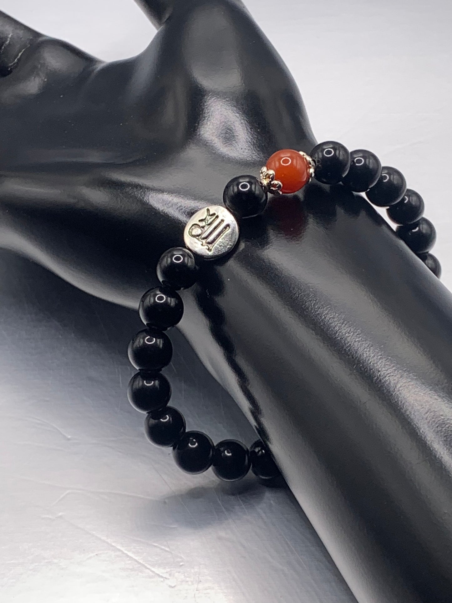 Virgo Zodiac black obsidian with red agate semi precious stone/crystal elastic beaded bracelet with silver accents