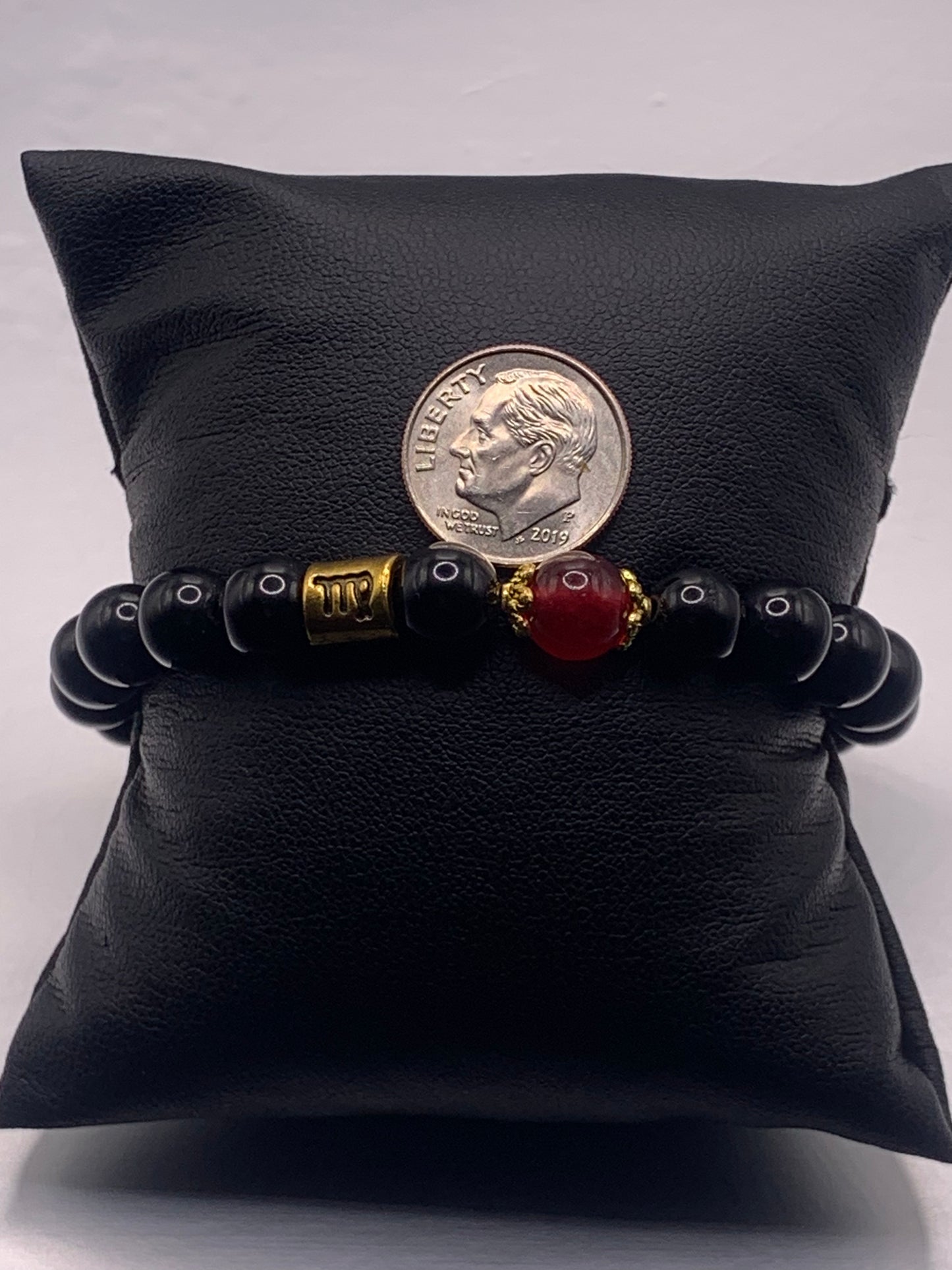 Virgo Zodiac black obsidian with red chalcedony semi precious stone/crystal elastic beaded bracelet with gold accents