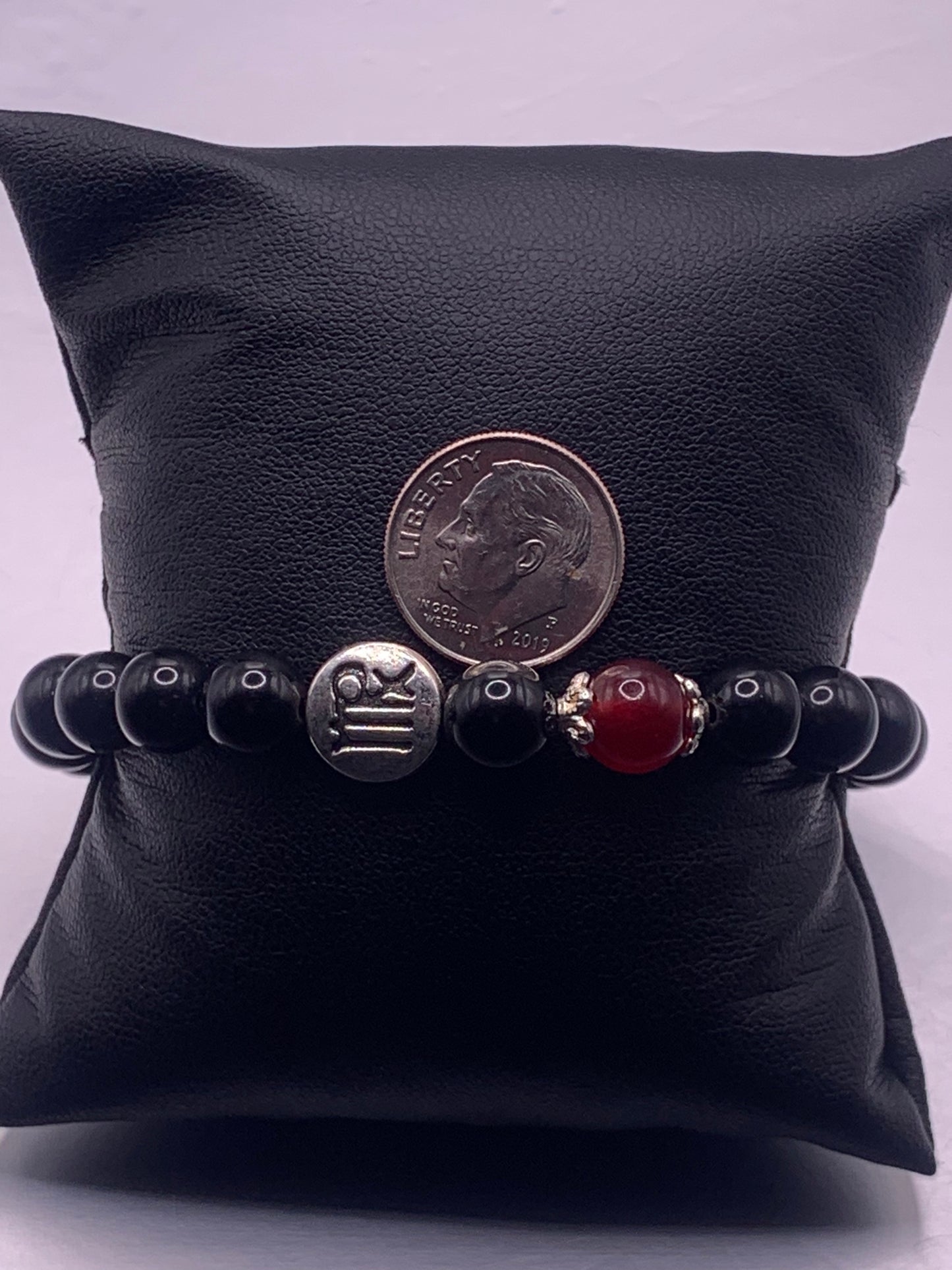 Virgo Zodiac black obsidian with red chalcedony semi precious stone/crystal elastic beaded bracelet with silver accents