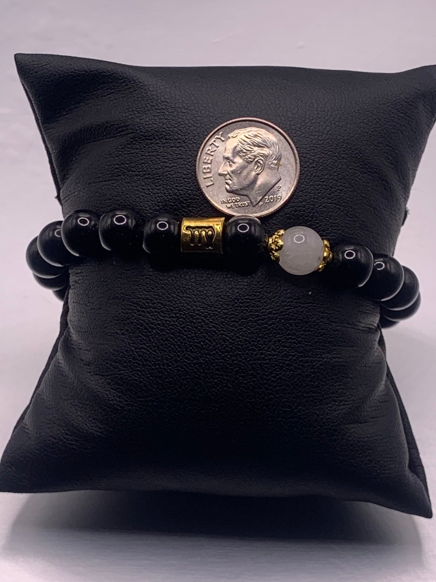 Virgo Zodiac black obsidian with white chalcedony semi precious stone/crystal elastic beaded bracelet with gold accents