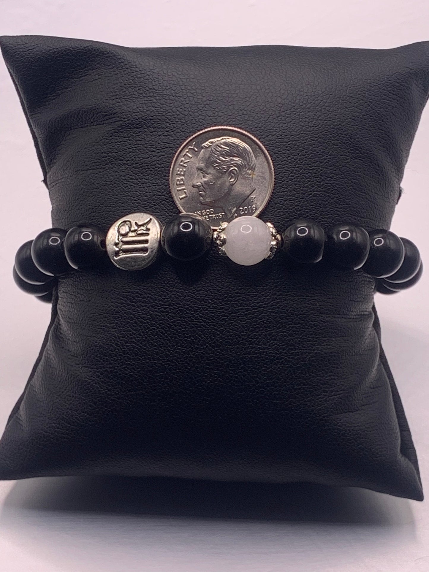 Virgo Zodiac black obsidian with white chalcedony semi precious stone/crystal elastic beaded bracelet with silver accents