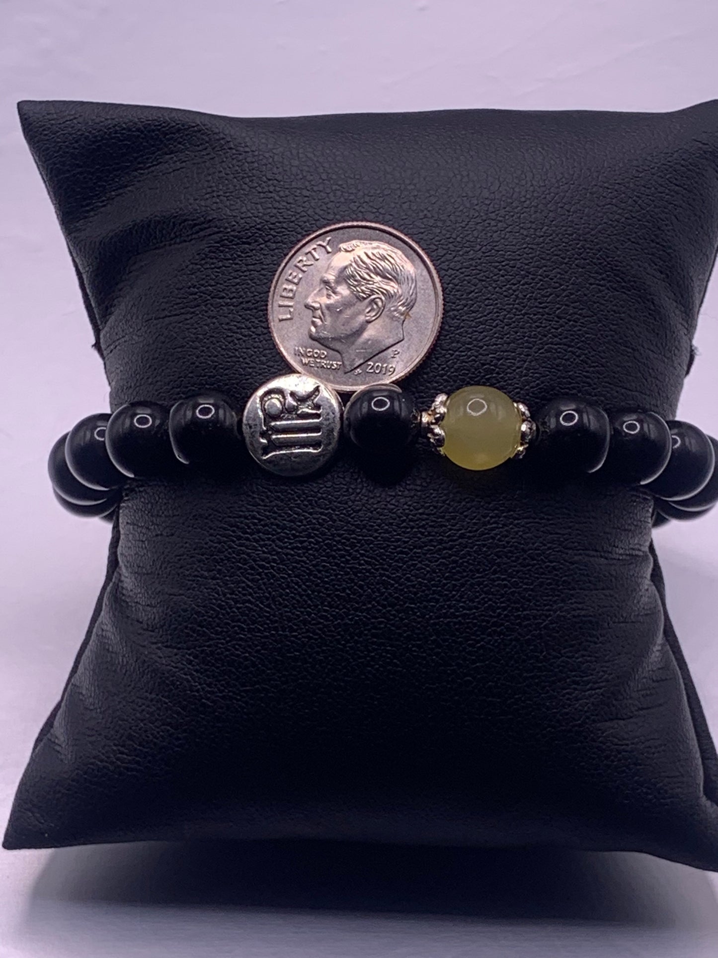 Virgo Zodiac black obsidian with yellow agate semi precious stone/crystal elastic beaded bracelet with silver accents