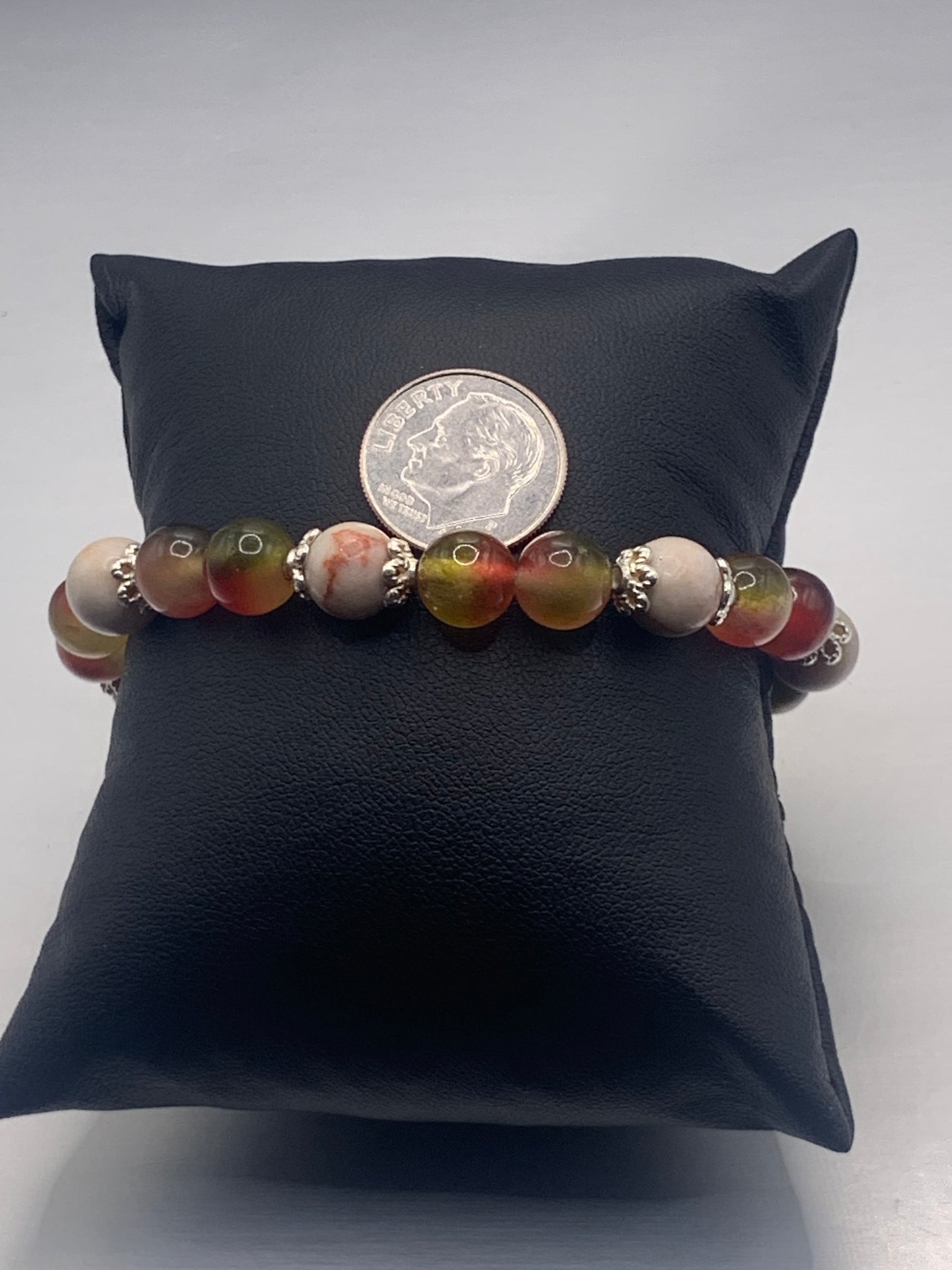 Red vein jasper and watermelon chalcedony semi precious stone/crystal elastic beaded bracelet with silver plated flower bead caps