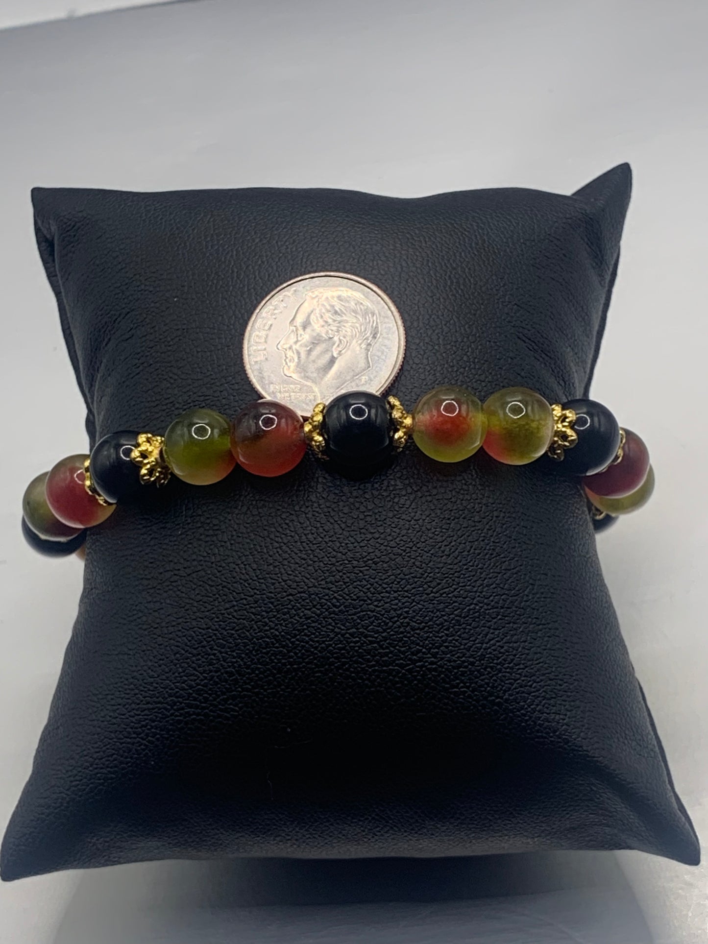 Black obsidian with watermelon chalcedony semi precious stone/crystal beaded elastic bracelet with gold plated flower bead caps