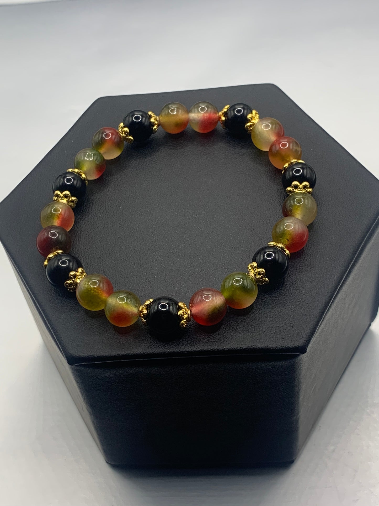 Black obsidian with watermelon chalcedony semi precious stone/crystal beaded elastic bracelet with gold plated flower bead caps