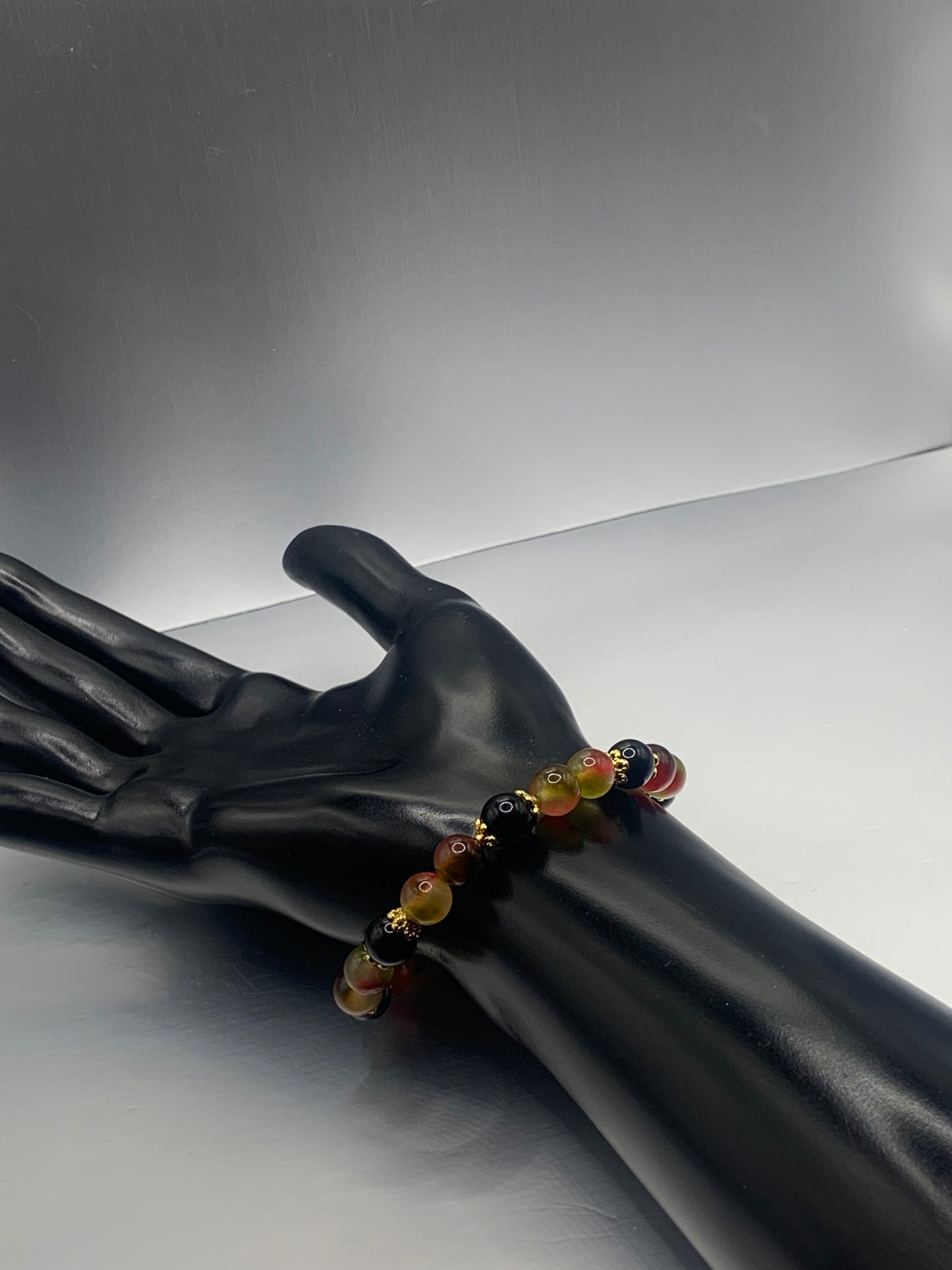 Black obsidian with watermelon chalcedony semi precious stone/crystal beaded elastic bracelet with gold plated flower bead caps
