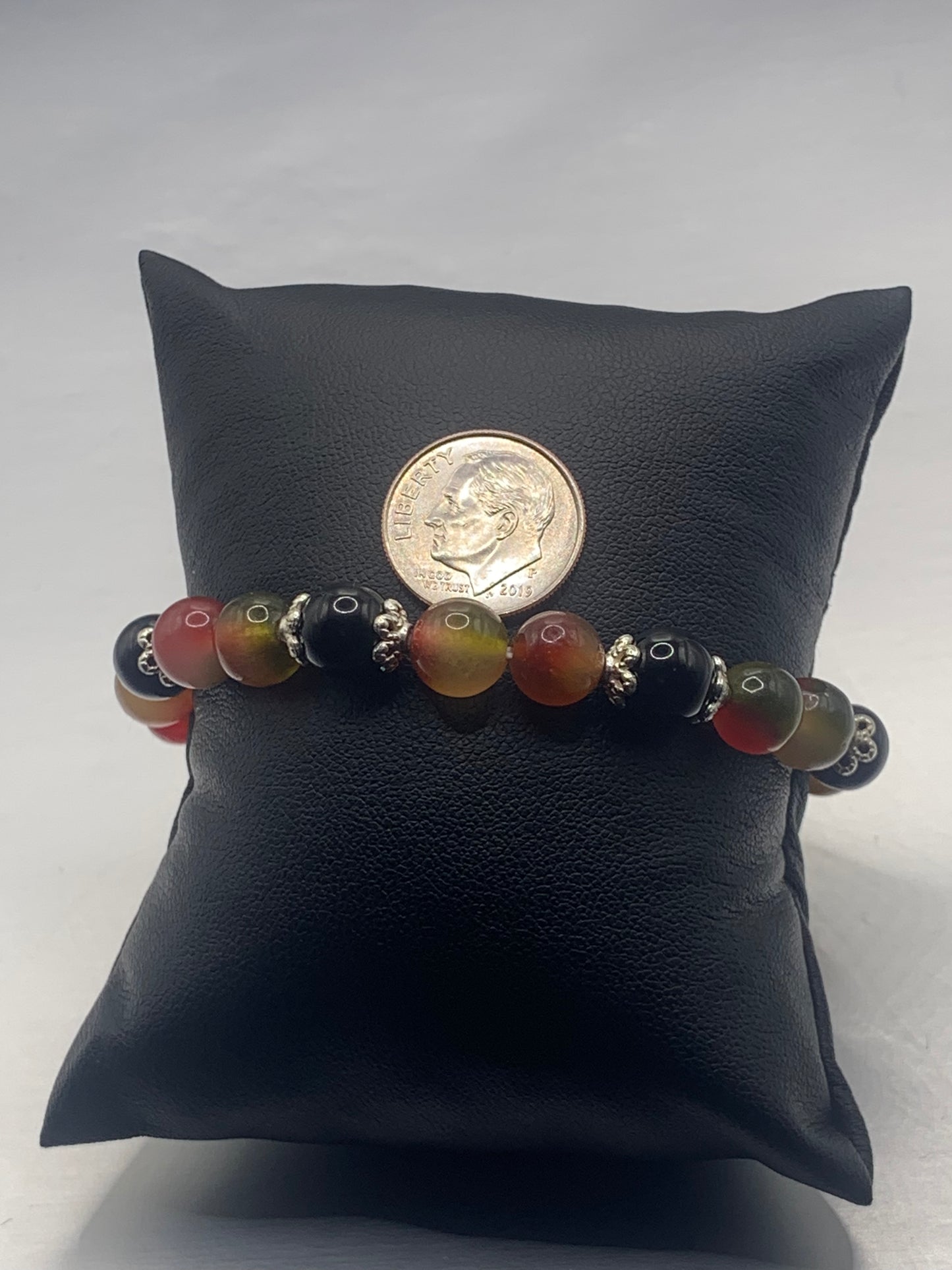 Black obsidian with watermelon chalcedony semi precious stone/crystal beaded elastic bracelet with silver plated flower bead caps