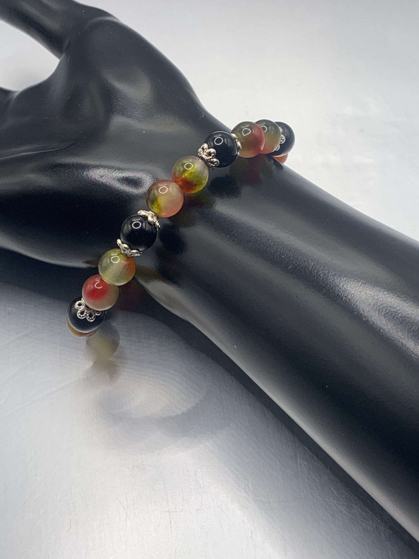 Black obsidian with watermelon chalcedony semi precious stone/crystal beaded elastic bracelet with silver plated flower bead caps