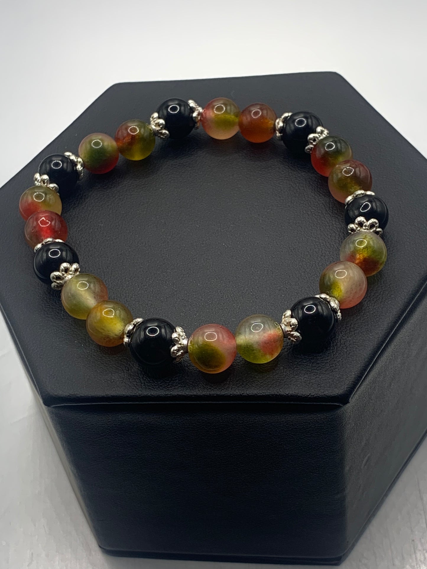 Black obsidian with watermelon chalcedony semi precious stone/crystal beaded elastic bracelet with silver plated flower bead caps