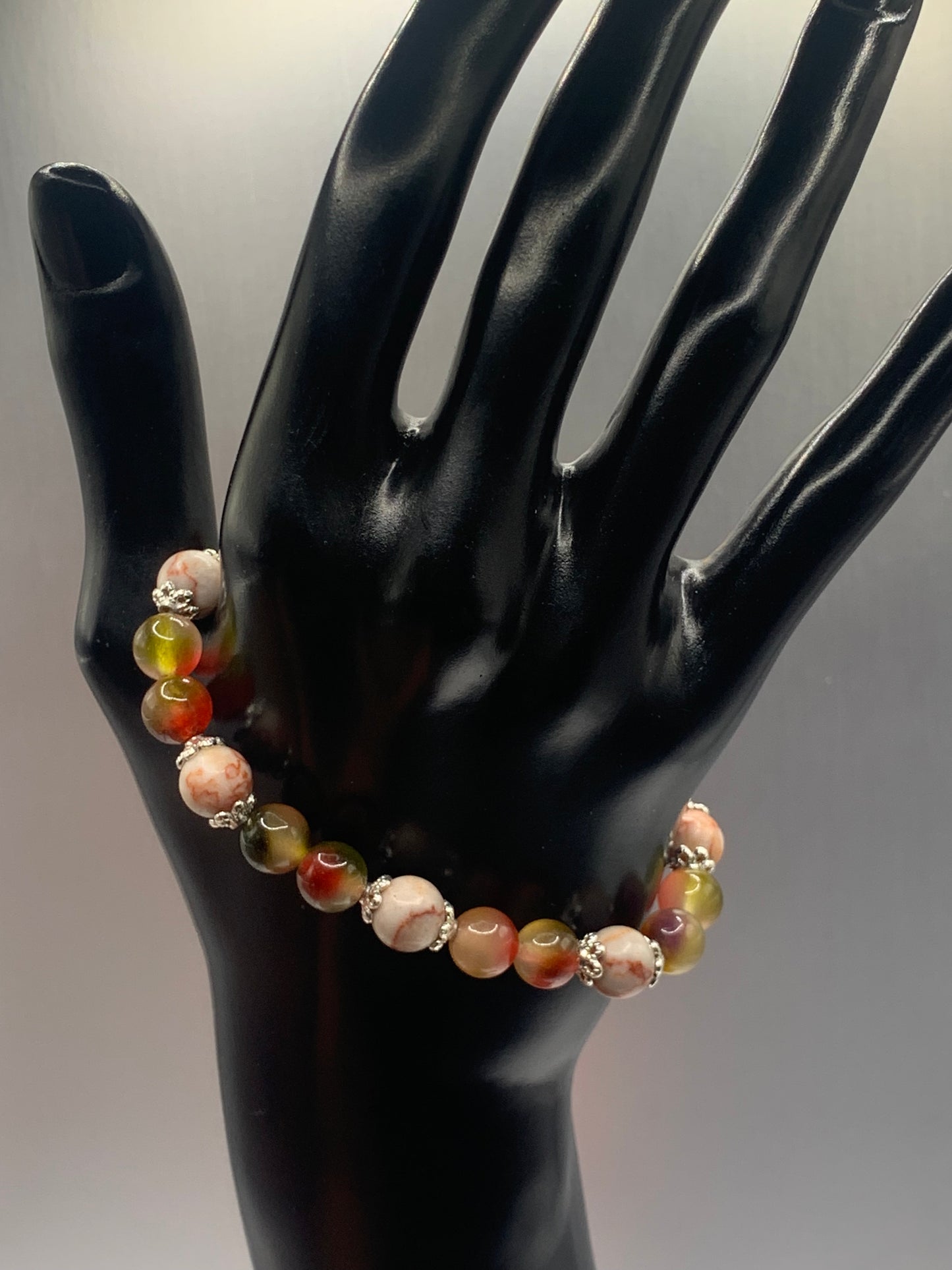 Red vein jasper and watermelon chalcedony semi precious stone/crystal elastic beaded bracelet with silver plated flower bead caps