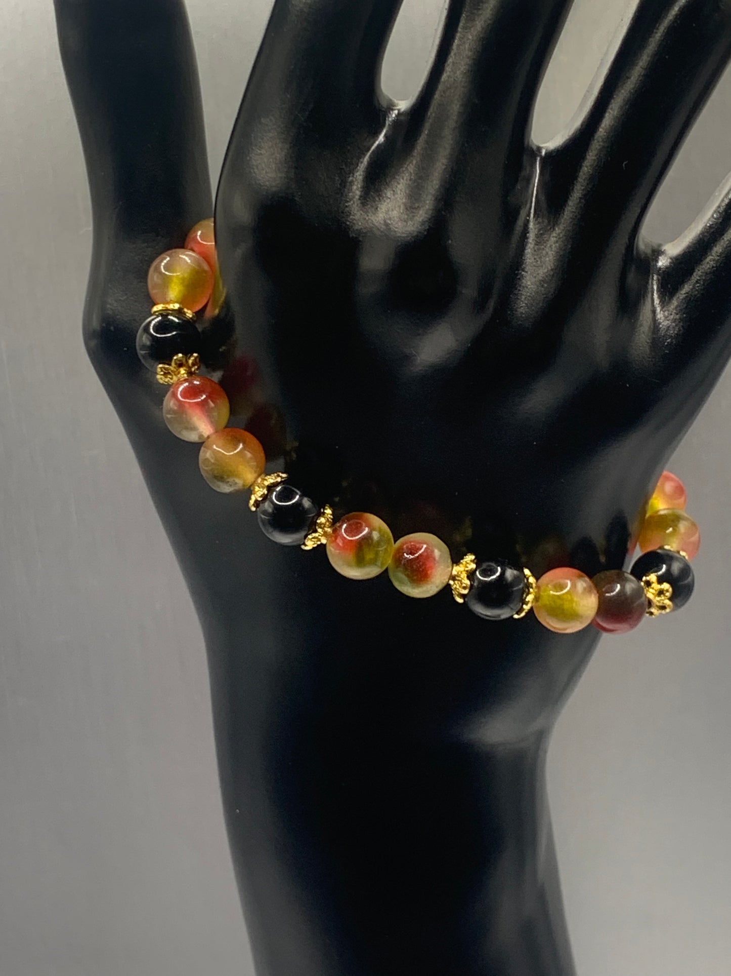 Black obsidian with watermelon chalcedony semi precious stone/crystal beaded elastic bracelet with gold plated flower bead caps
