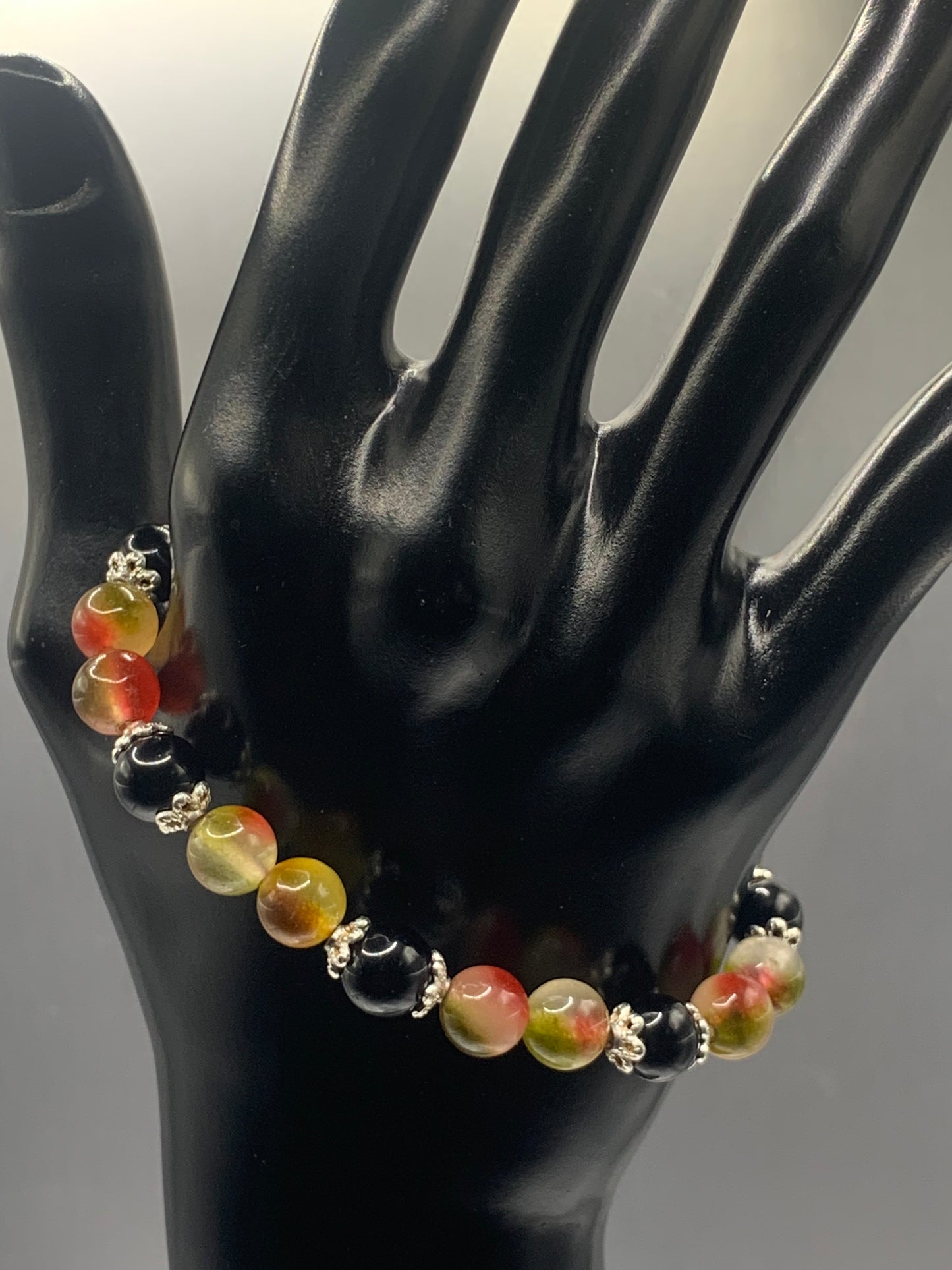Black obsidian with watermelon chalcedony semi precious stone/crystal beaded elastic bracelet with silver plated flower bead caps