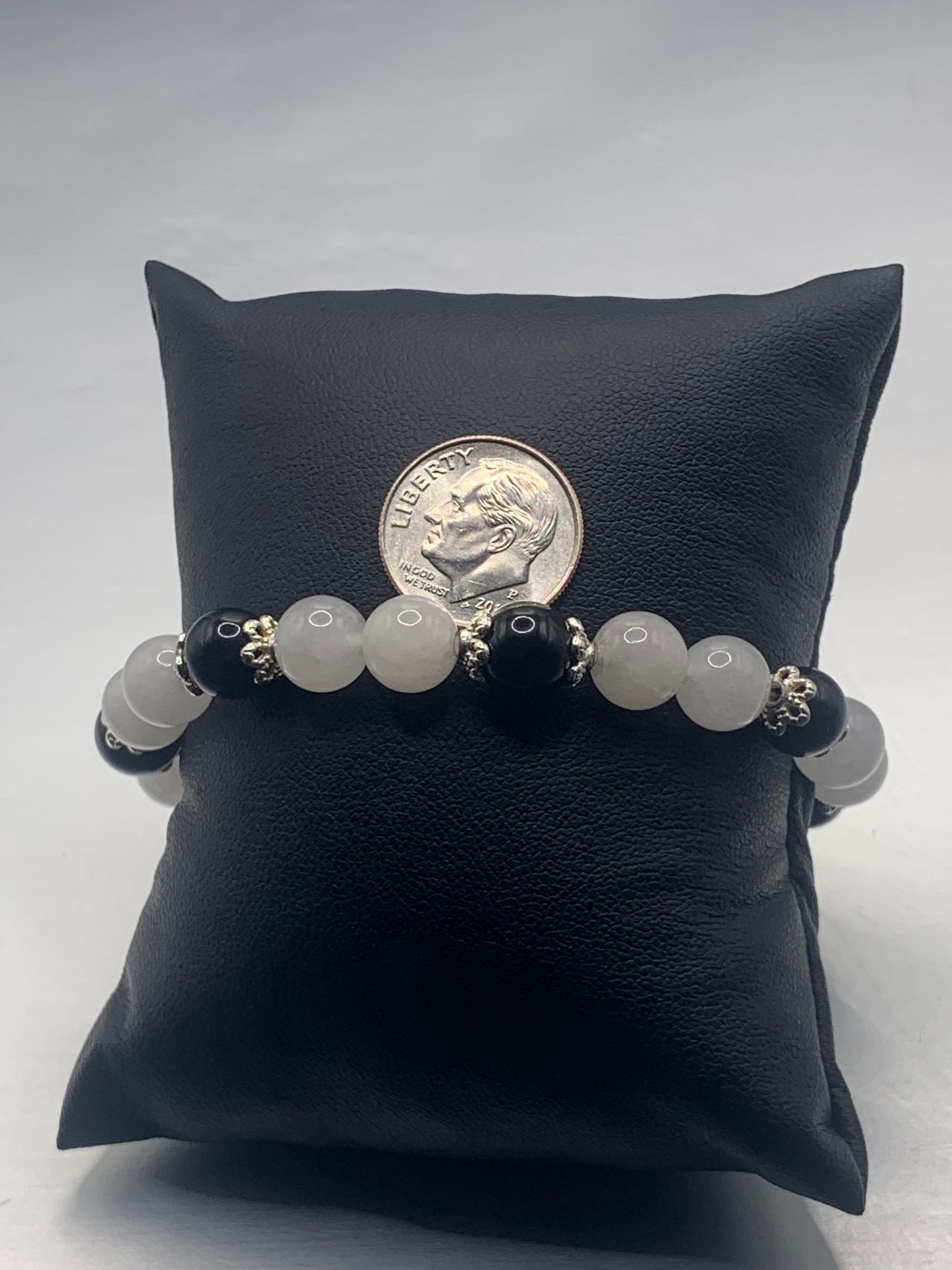 Black obsidian with white chalcedony semi precious stone/crystal beaded elastic bracelet with silver plated flower bead caps