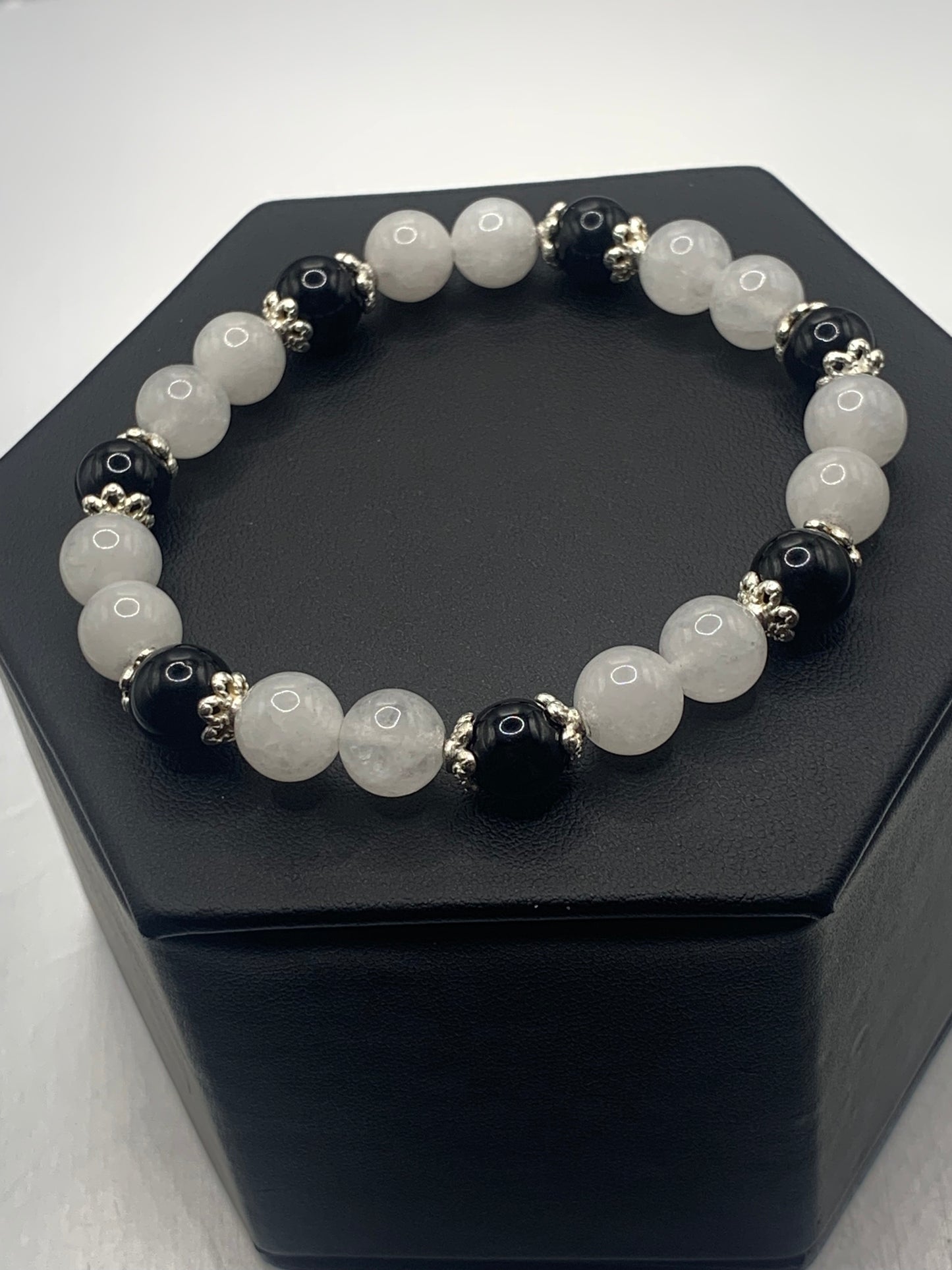 Black obsidian with white chalcedony semi precious stone/crystal beaded elastic bracelet with silver plated flower bead caps